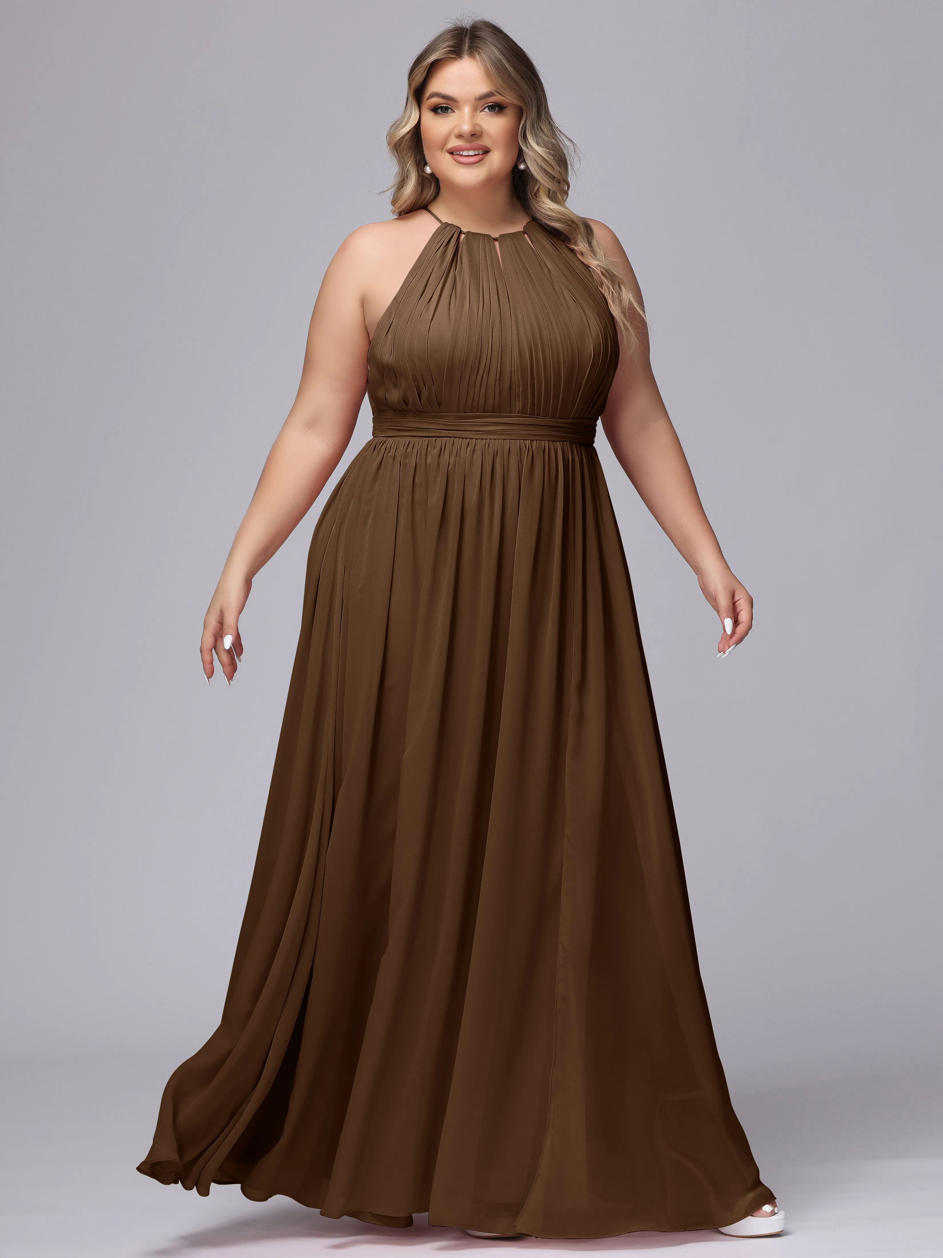 Chiffon Floor Length Halter Plus Size Split Bridesmaid Dresses