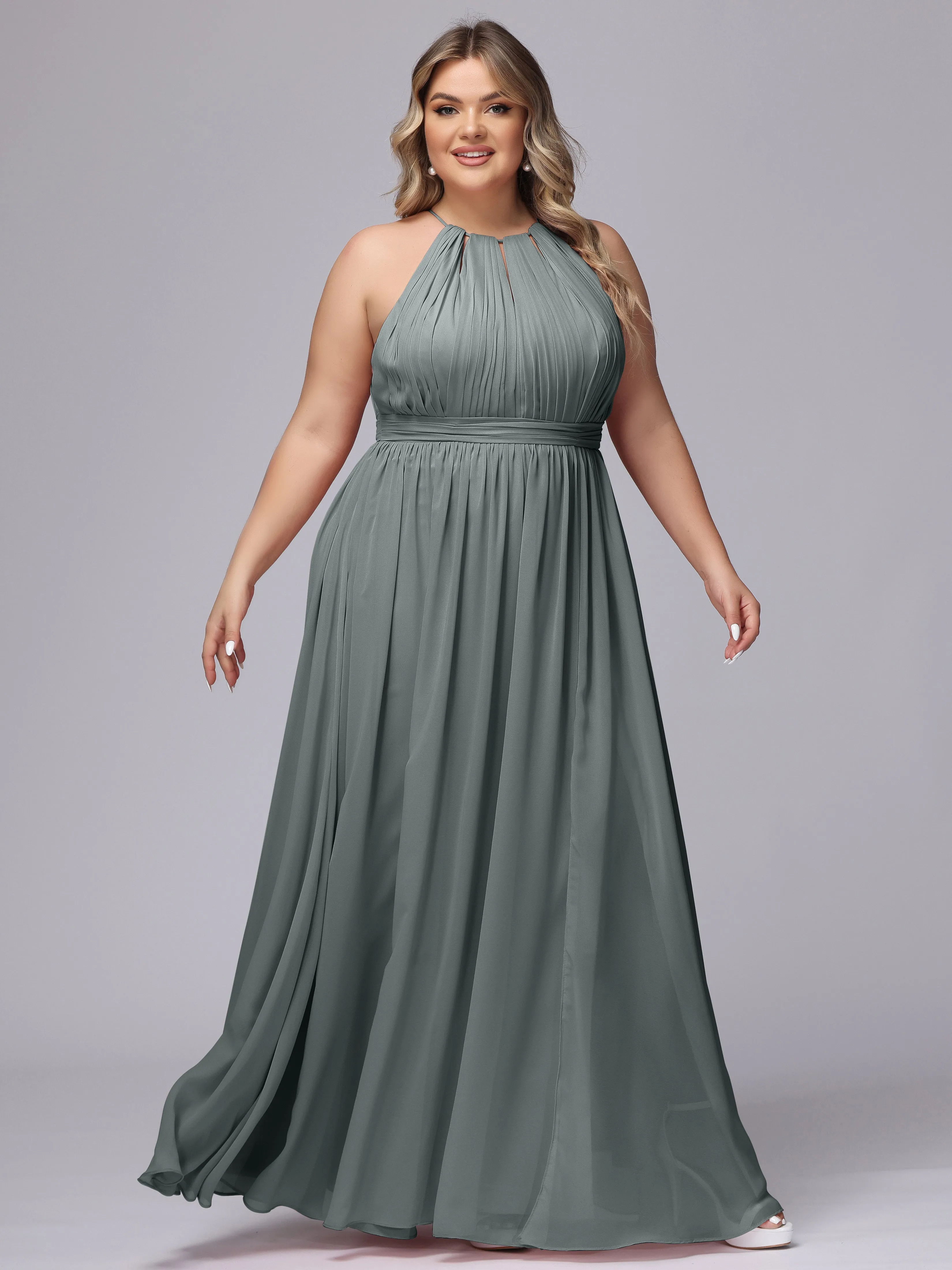 Chiffon Floor Length Halter Plus Size Split Bridesmaid Dresses