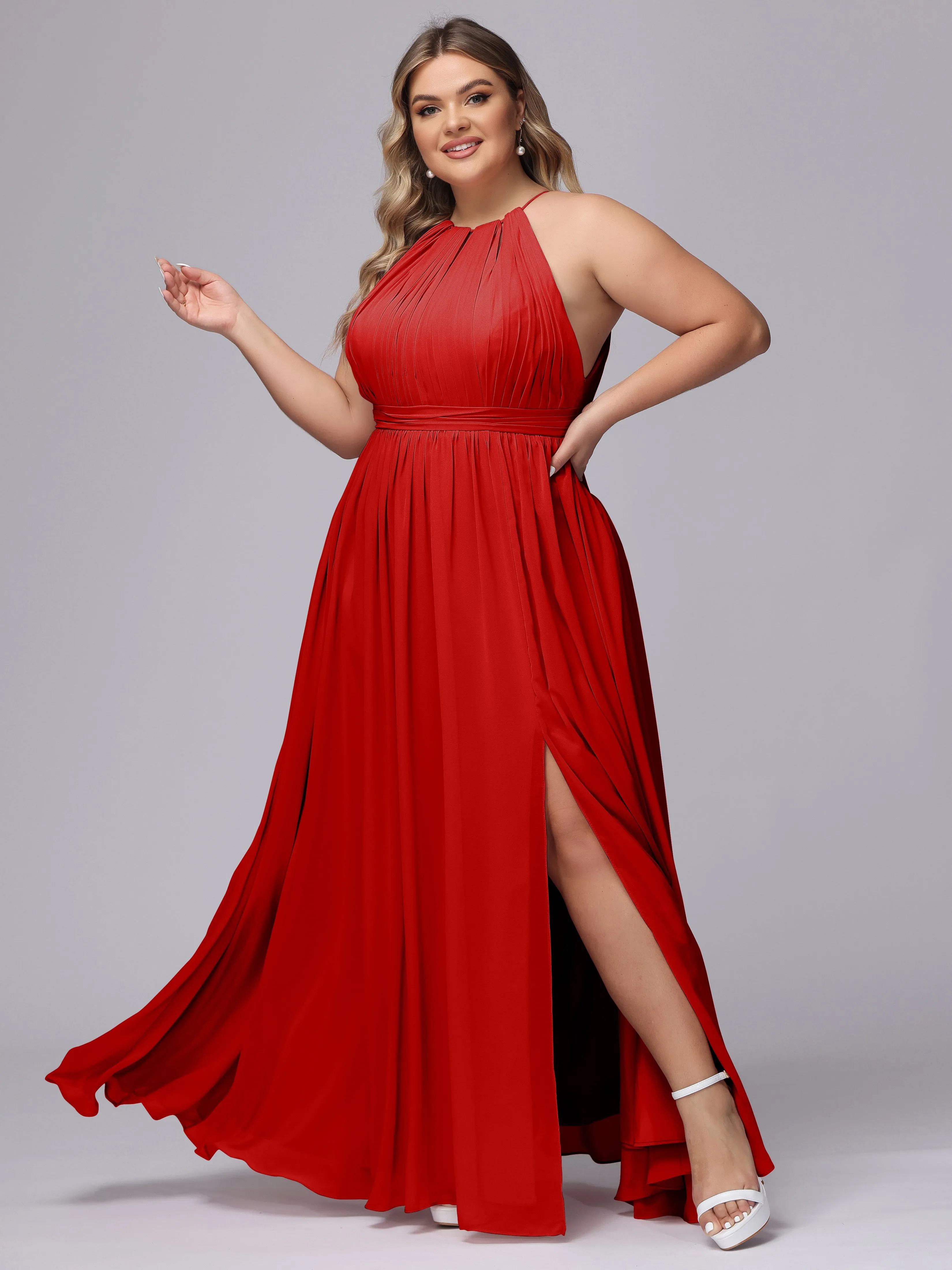 Chiffon Floor Length Halter Plus Size Split Bridesmaid Dresses