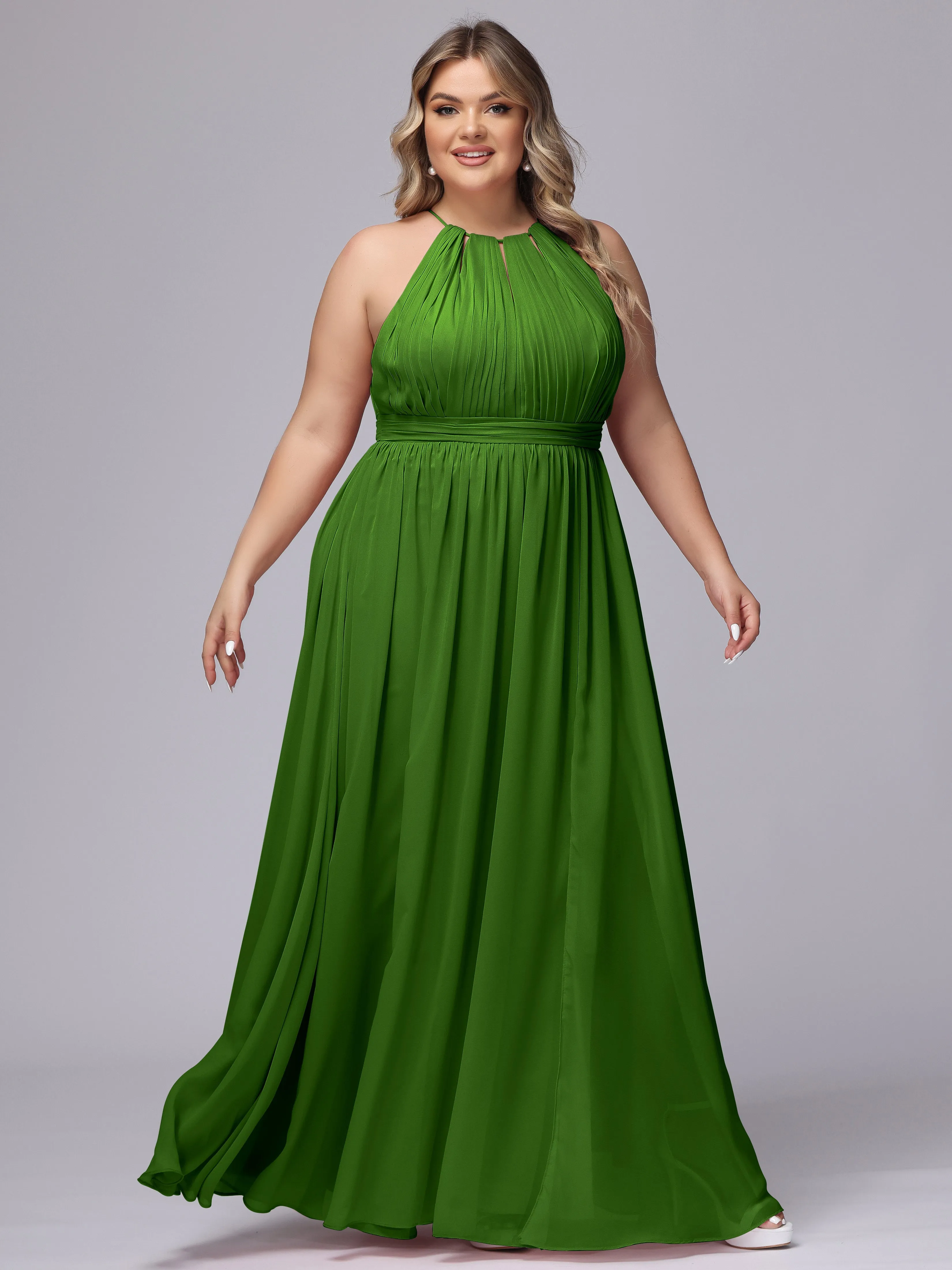 Chiffon Floor Length Halter Plus Size Split Bridesmaid Dresses