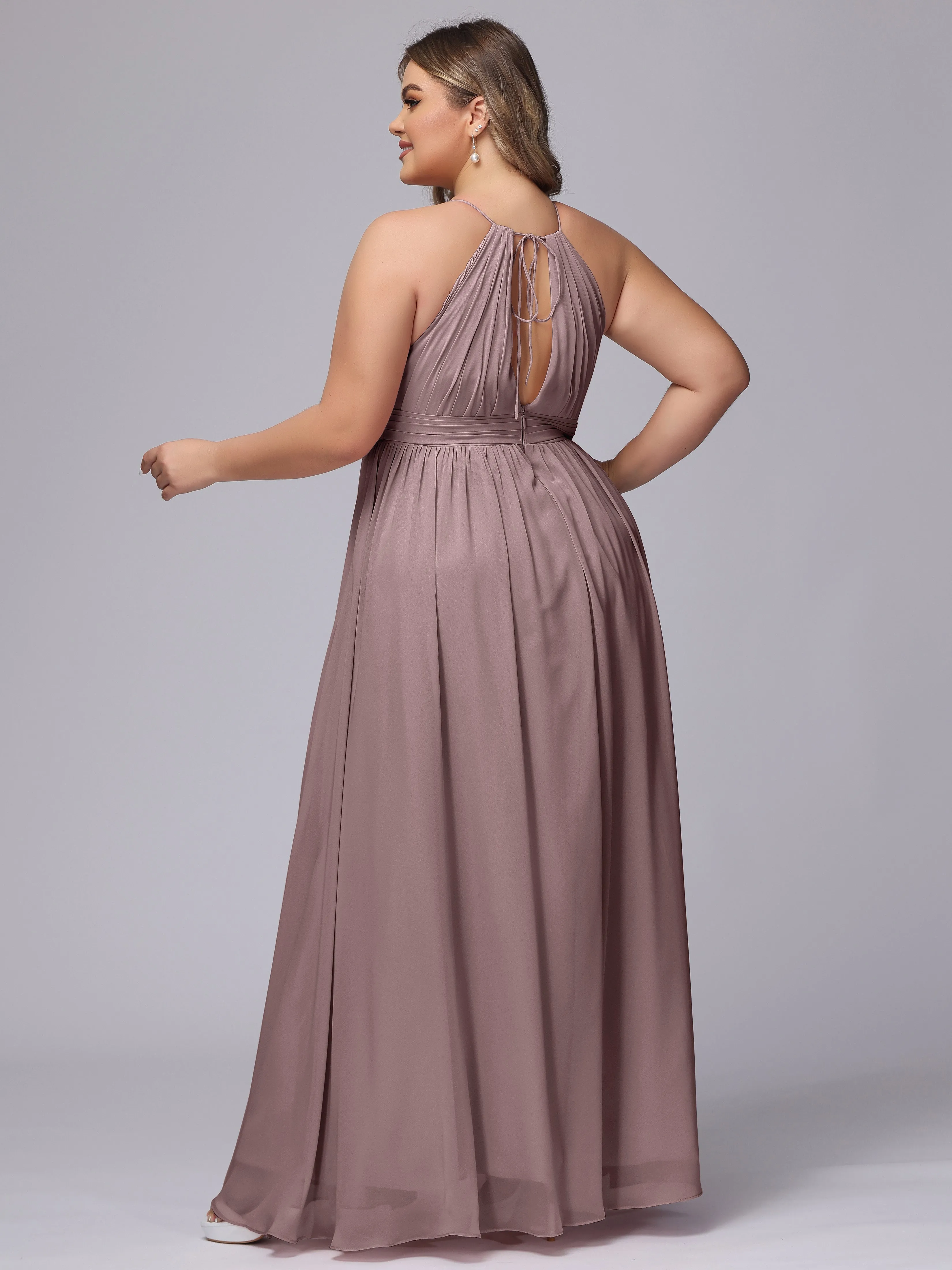 Chiffon Floor Length Halter Plus Size Split Bridesmaid Dresses