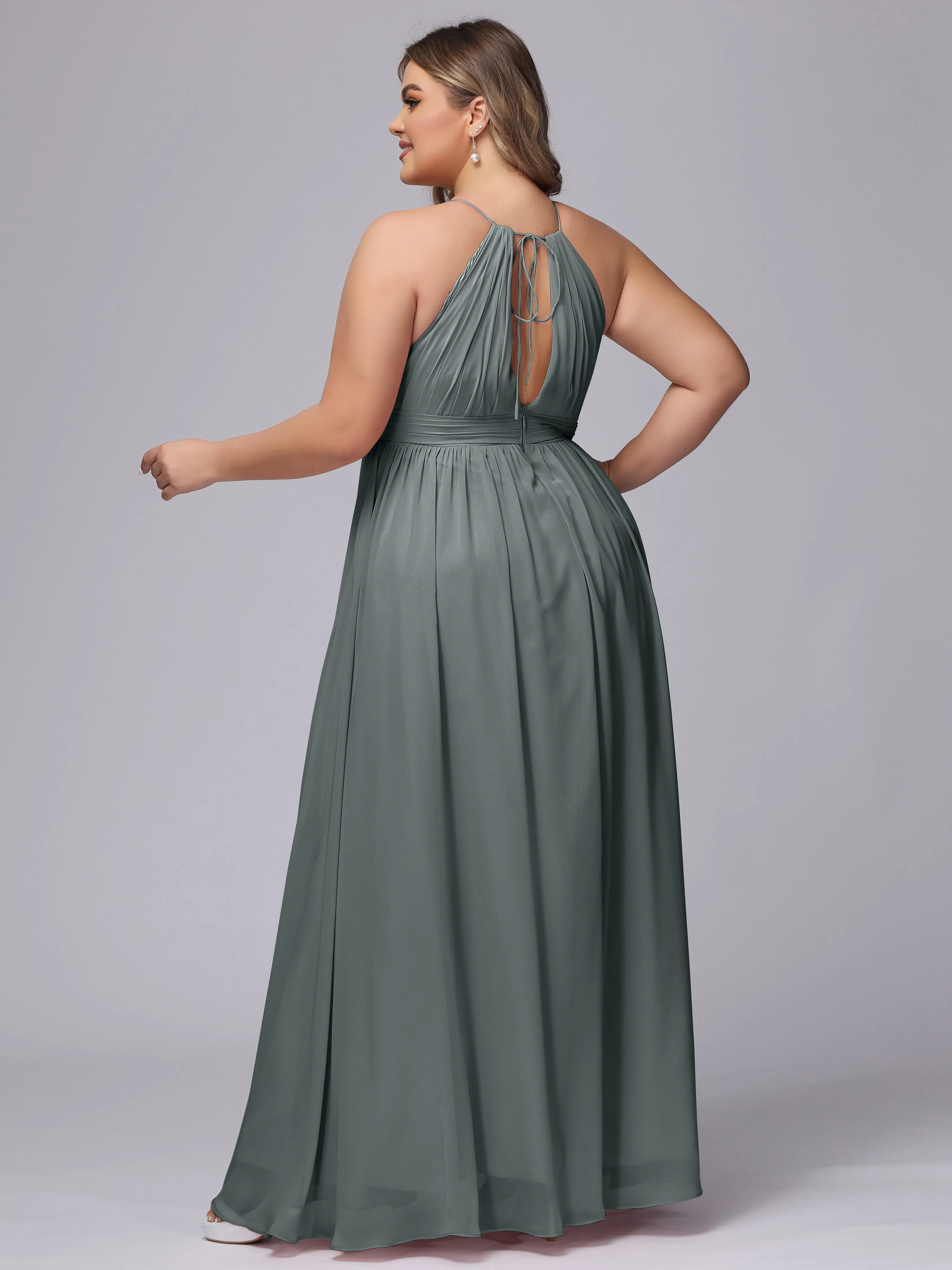 Chiffon Floor Length Halter Plus Size Split Bridesmaid Dresses