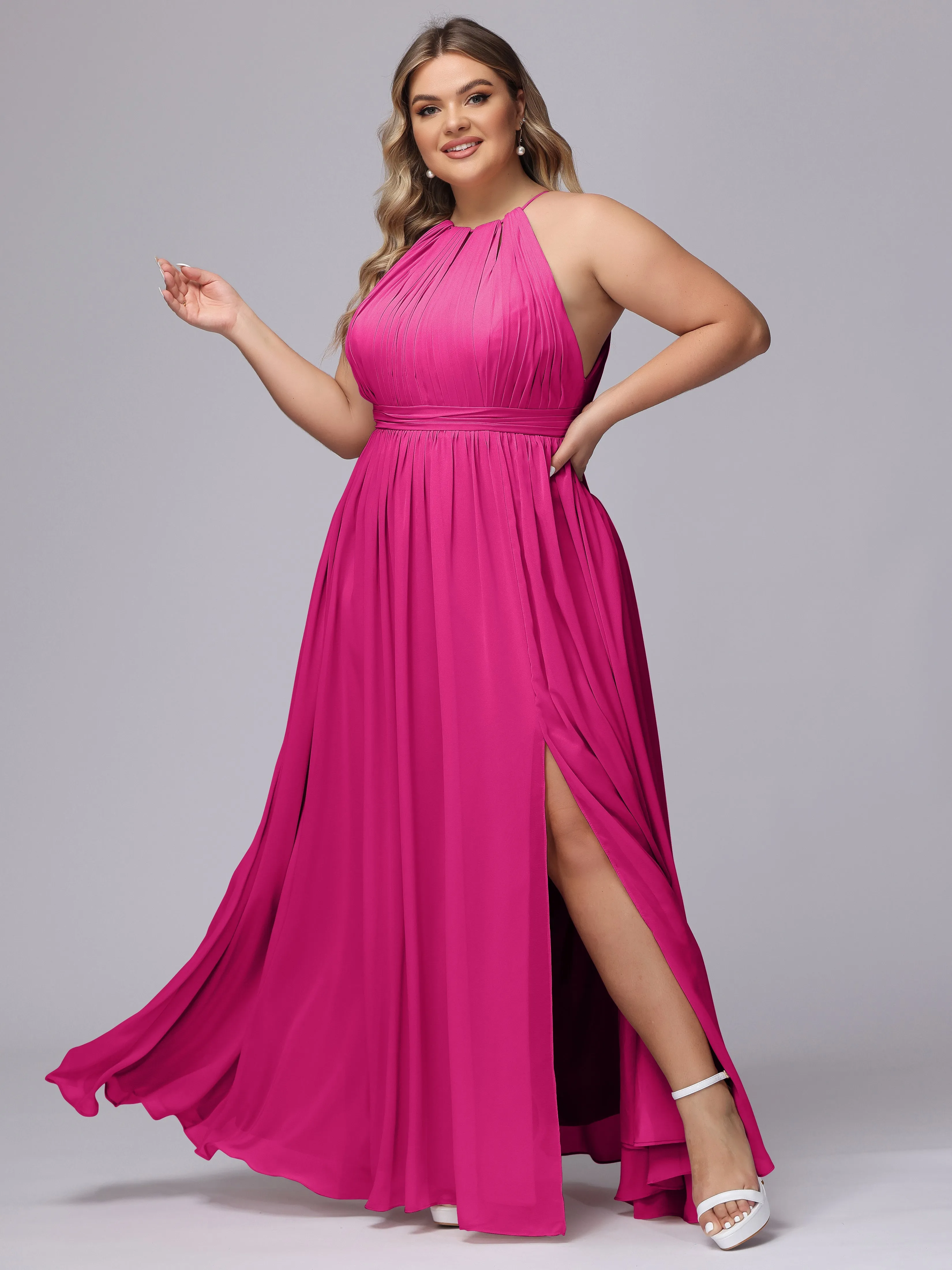 Chiffon Floor Length Halter Plus Size Split Bridesmaid Dresses