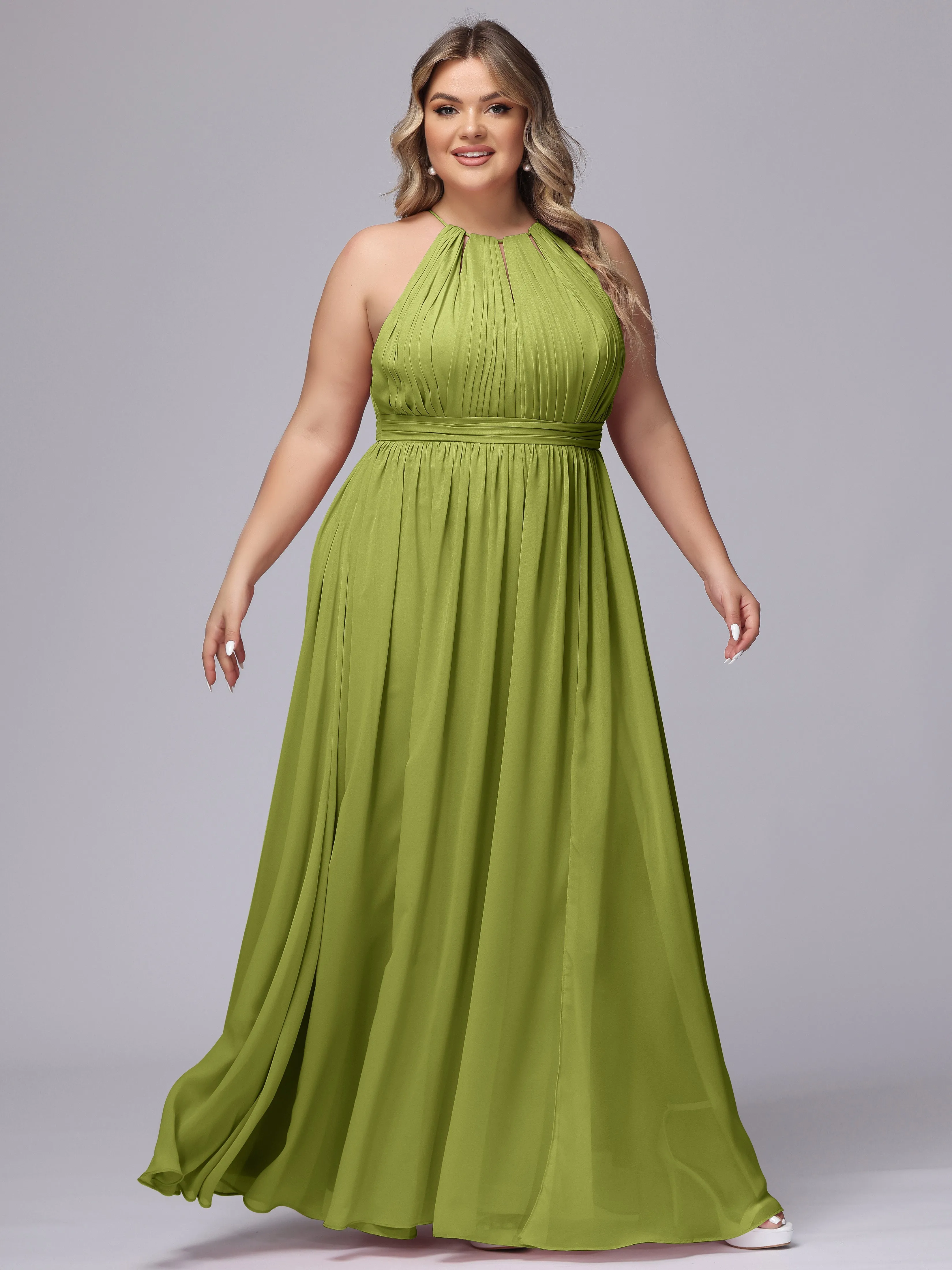 Chiffon Floor Length Halter Plus Size Split Bridesmaid Dresses