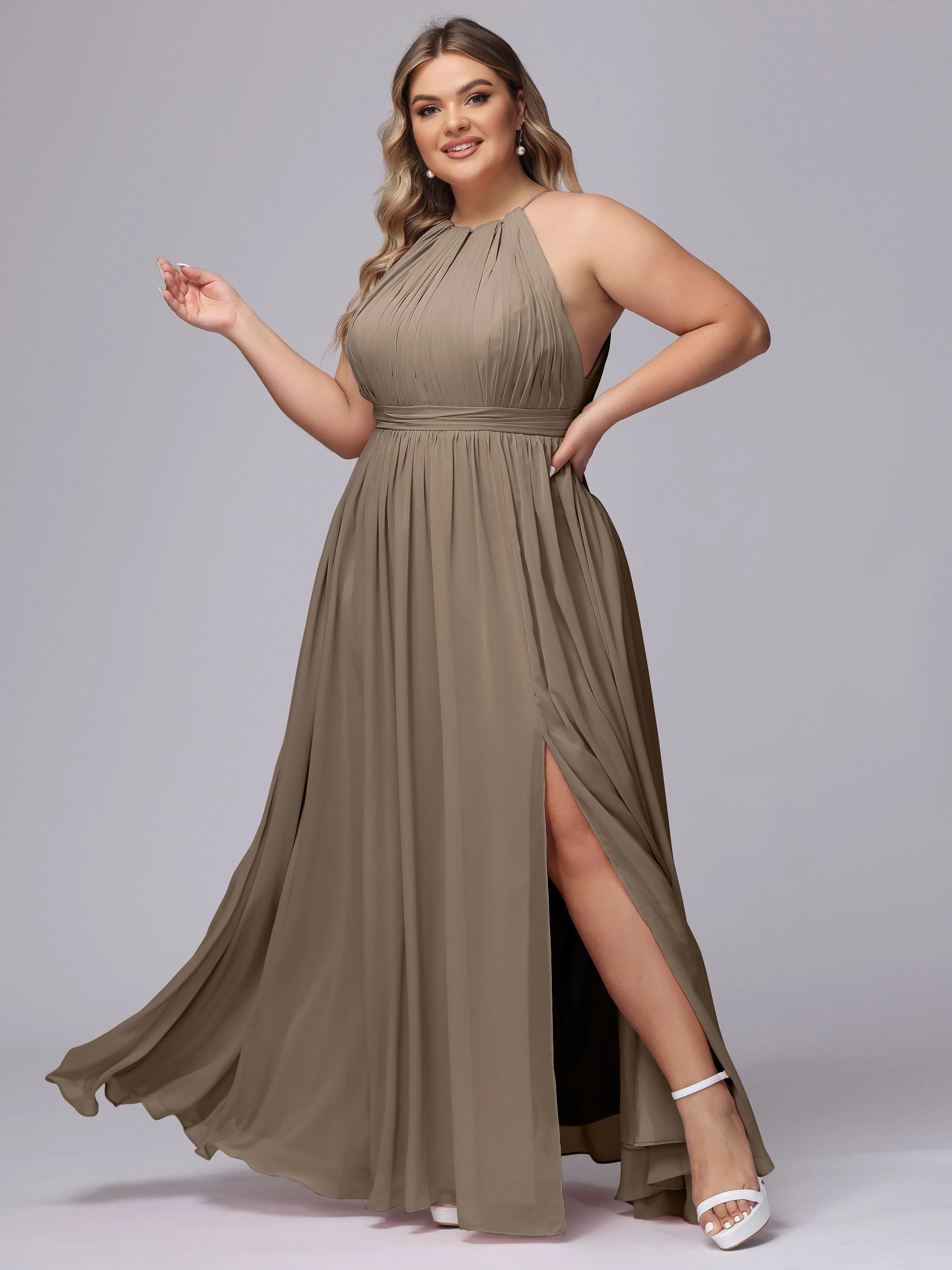 Chiffon Floor Length Halter Plus Size Split Bridesmaid Dresses