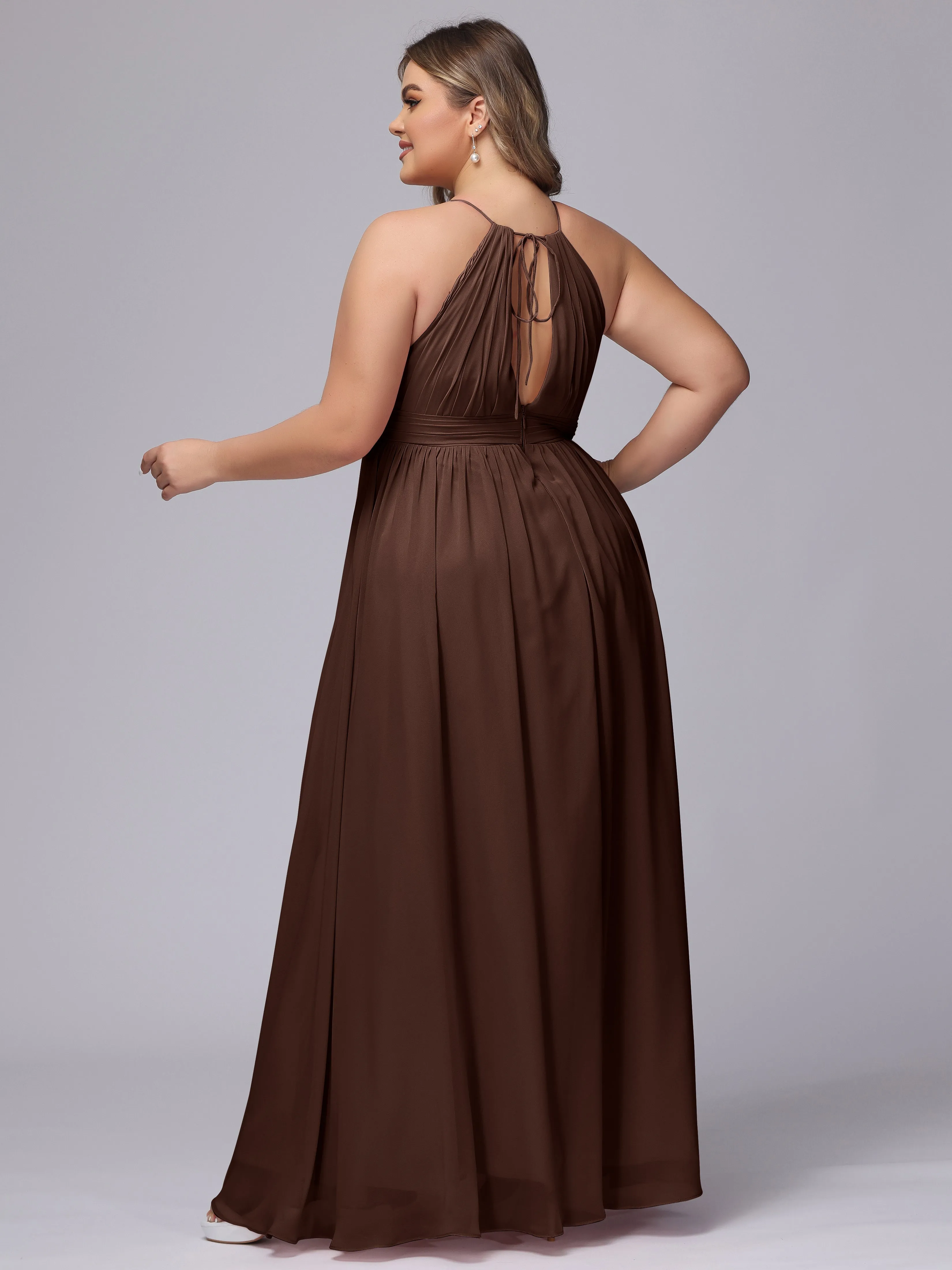 Chiffon Floor Length Halter Plus Size Split Bridesmaid Dresses
