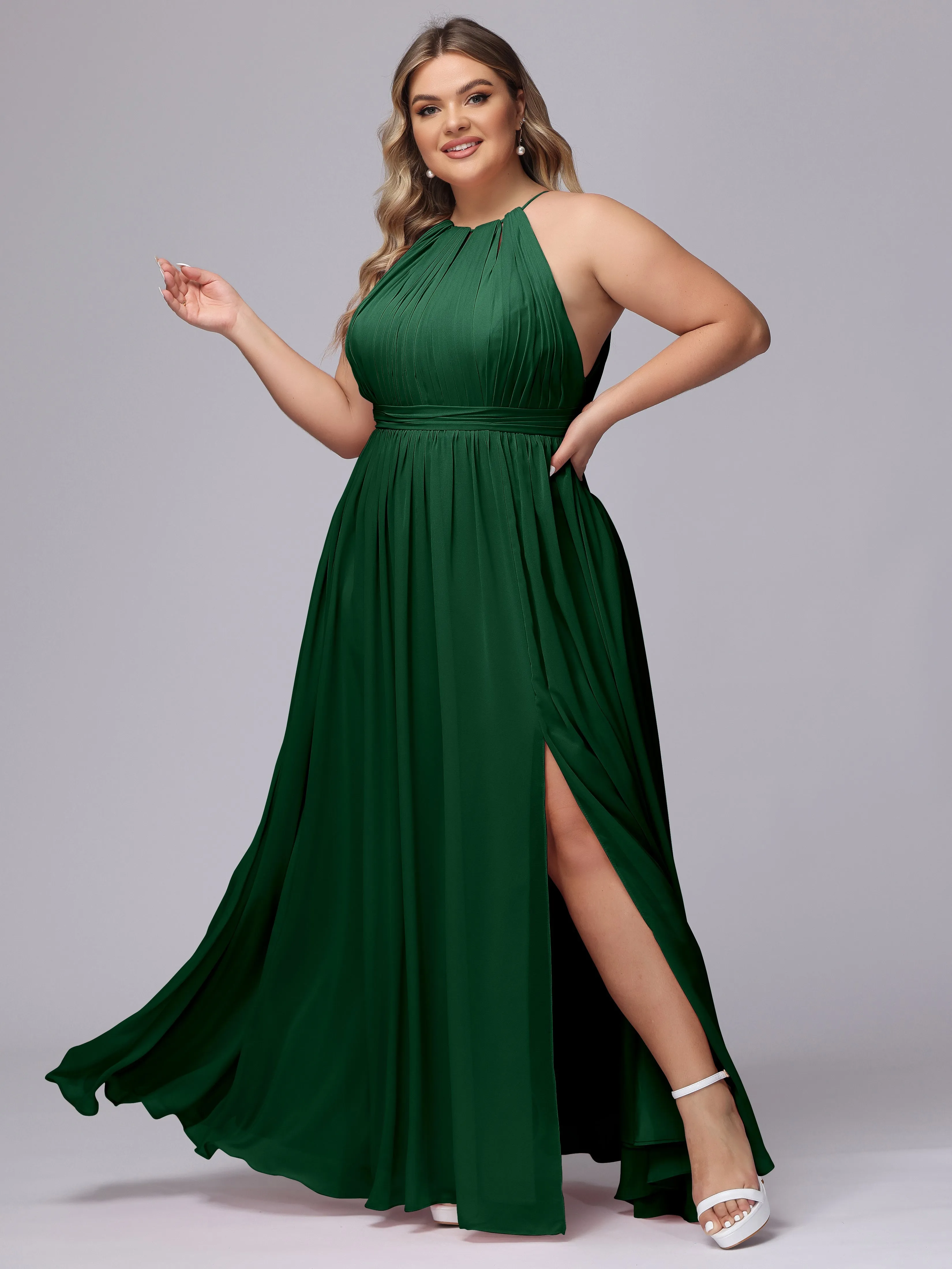 Chiffon Floor Length Halter Plus Size Split Bridesmaid Dresses