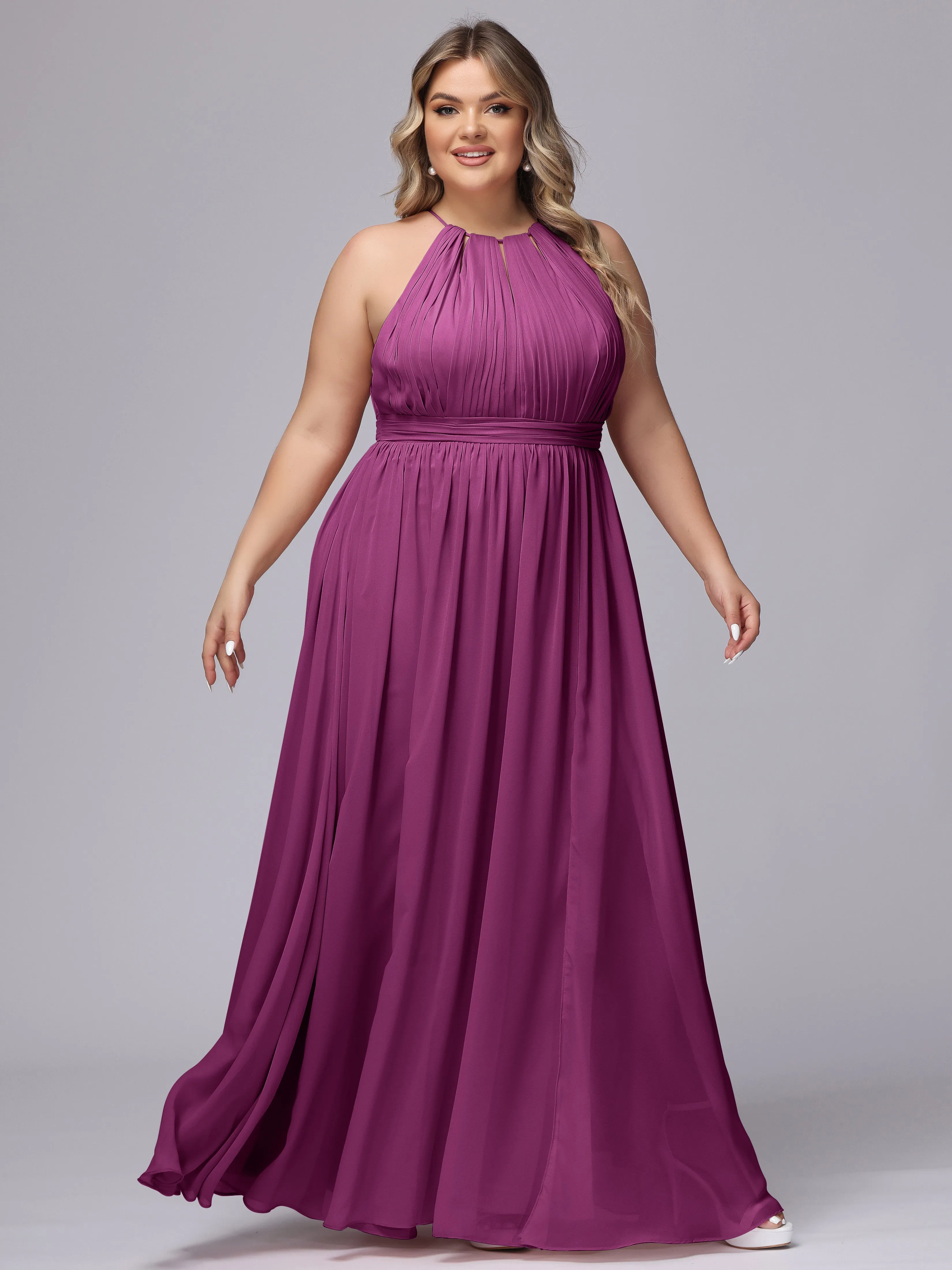 Chiffon Floor Length Halter Plus Size Split Bridesmaid Dresses