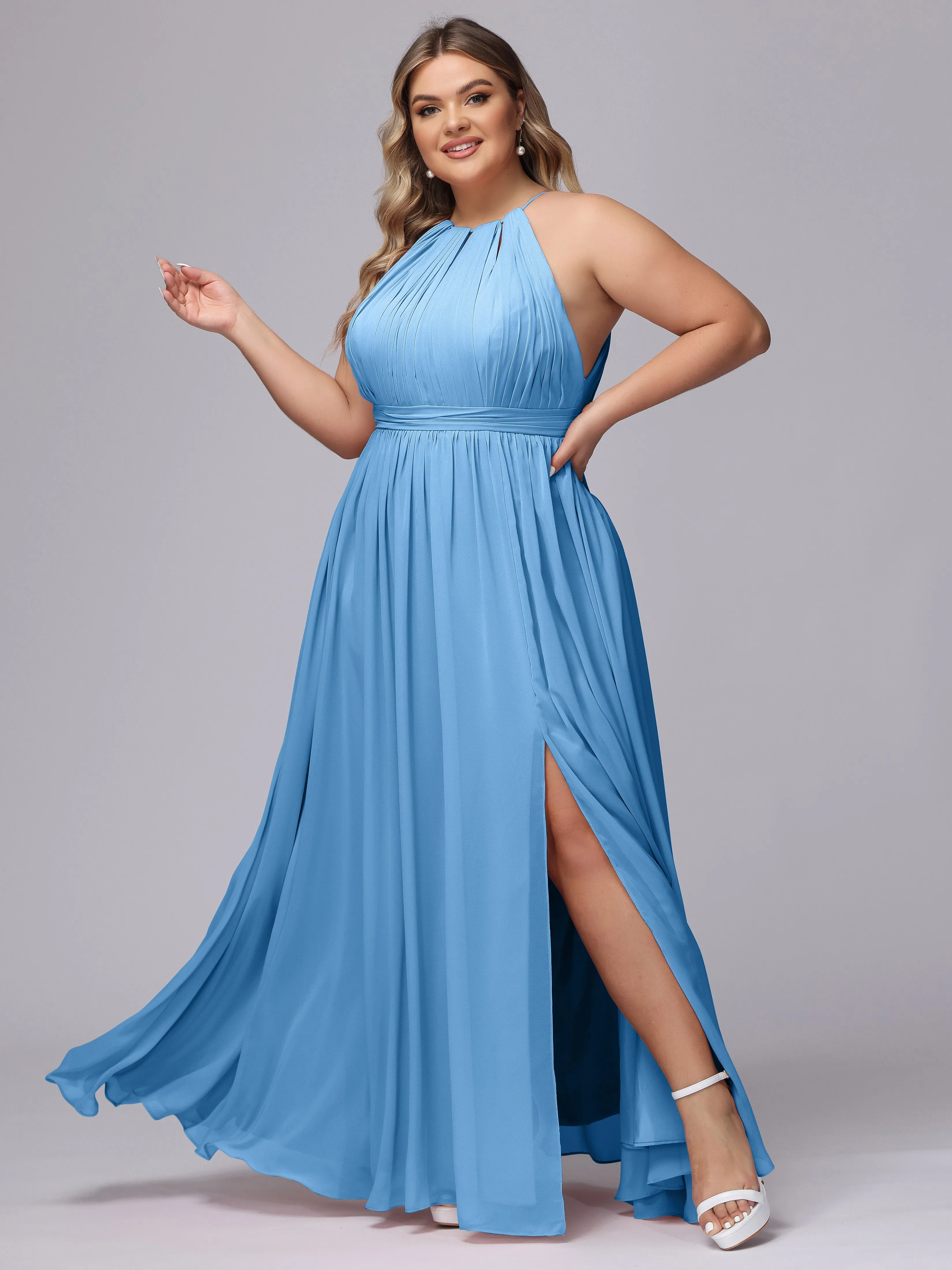 Chiffon Floor Length Halter Plus Size Split Bridesmaid Dresses