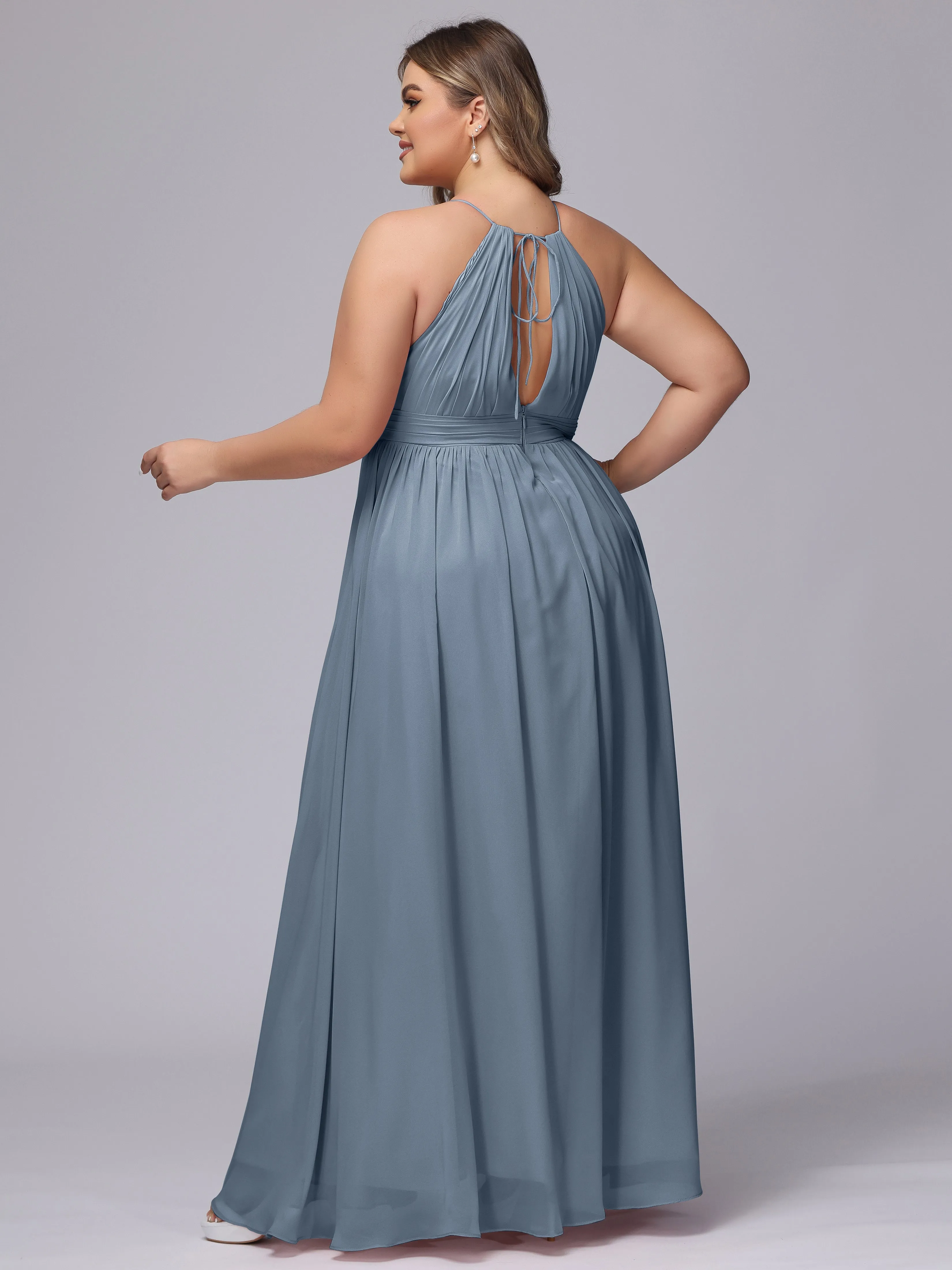 Chiffon Floor Length Halter Plus Size Split Bridesmaid Dresses
