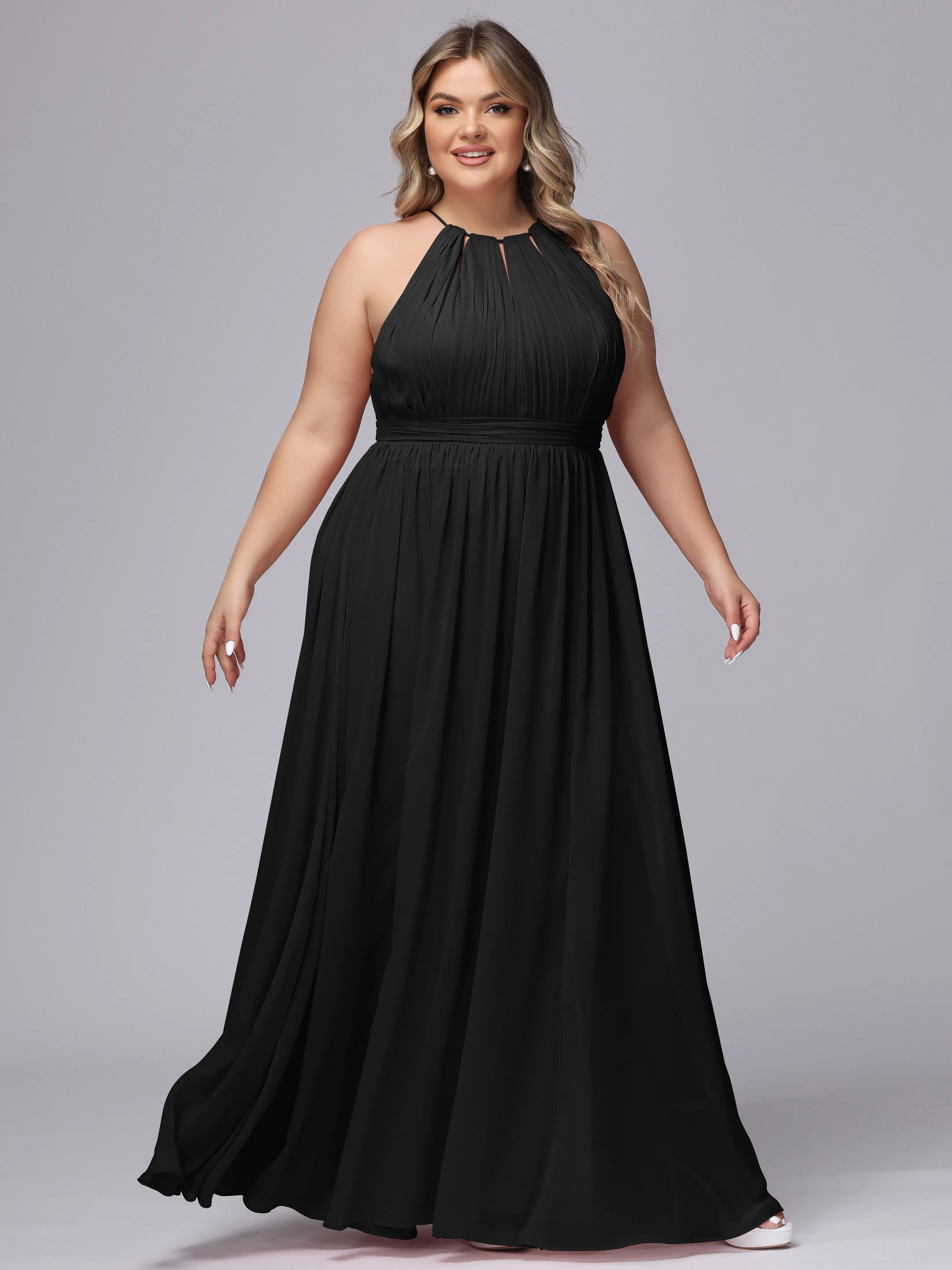 Chiffon Floor Length Halter Plus Size Split Bridesmaid Dresses