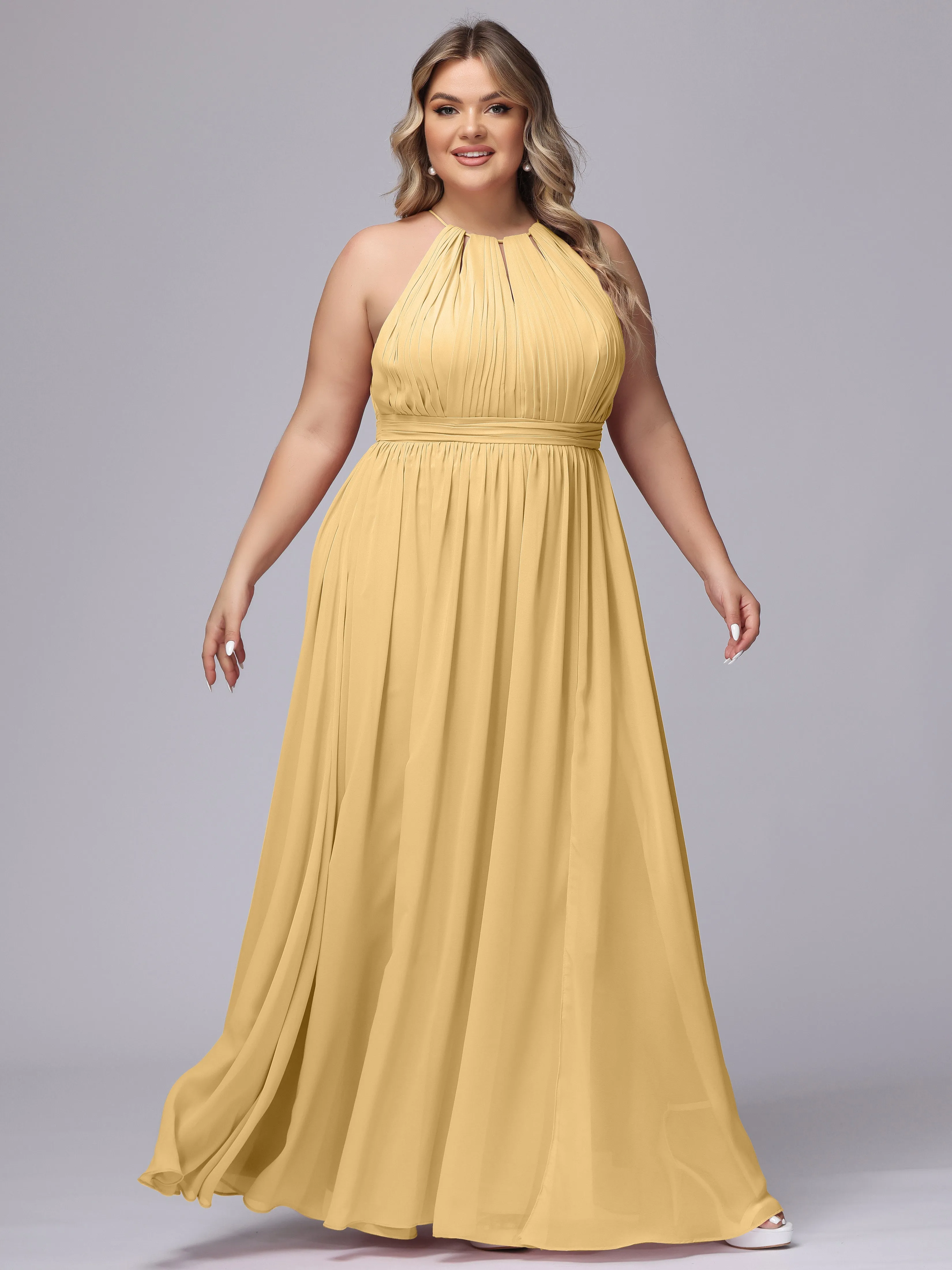 Chiffon Floor Length Halter Plus Size Split Bridesmaid Dresses