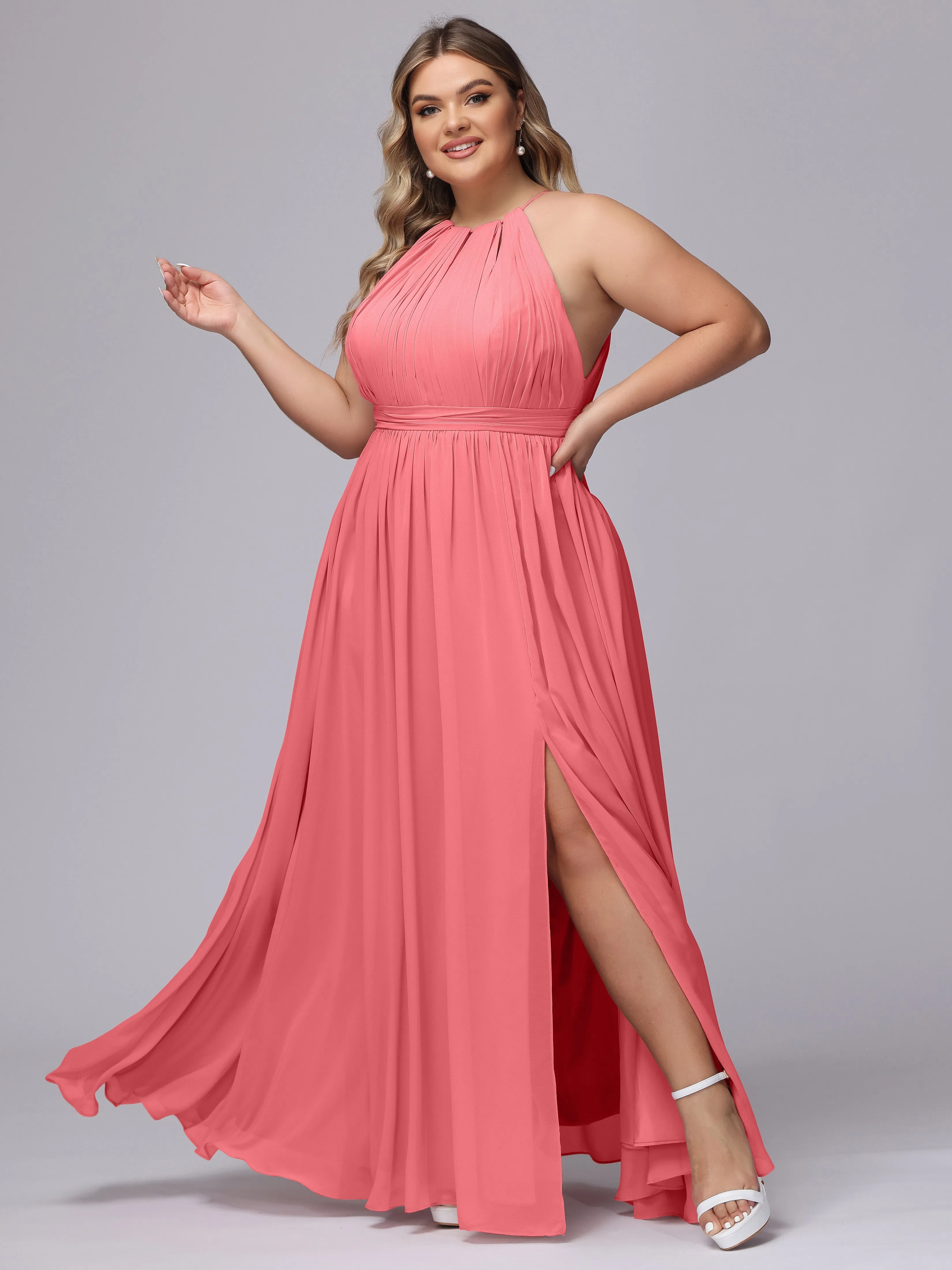 Chiffon Floor Length Halter Plus Size Split Bridesmaid Dresses