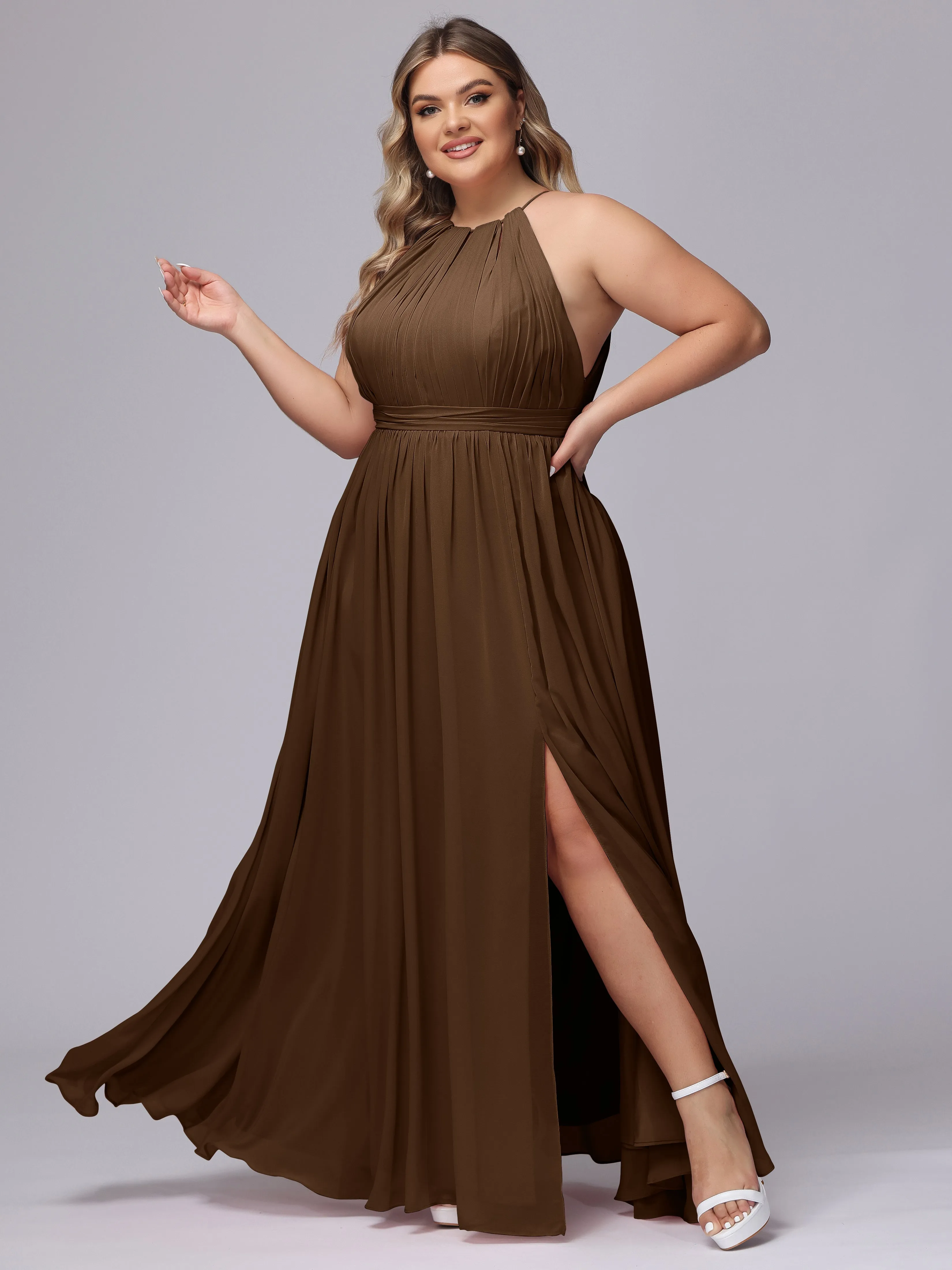 Chiffon Floor Length Halter Plus Size Split Bridesmaid Dresses