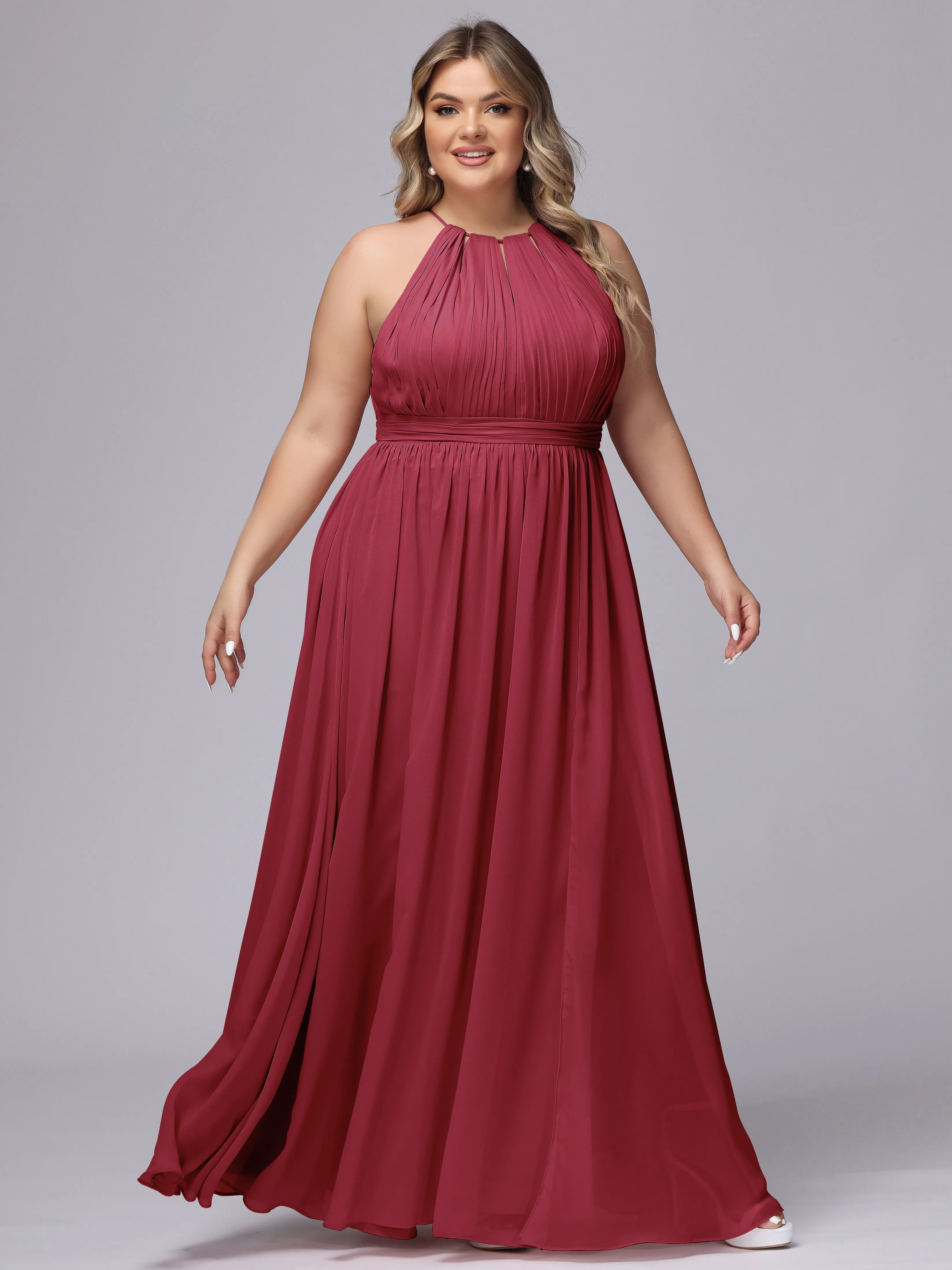 Chiffon Floor Length Halter Plus Size Split Bridesmaid Dresses