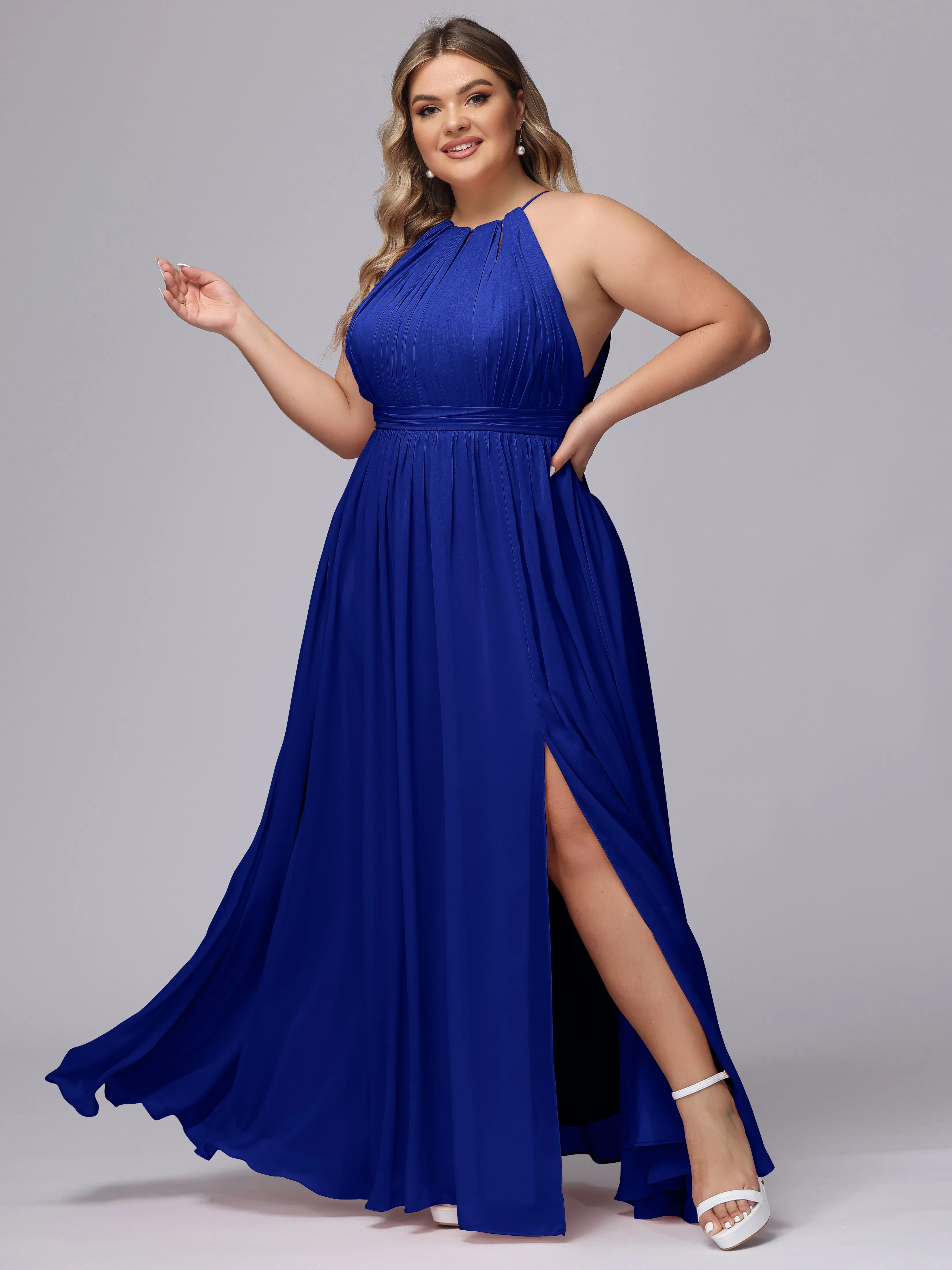 Chiffon Floor Length Halter Plus Size Split Bridesmaid Dresses