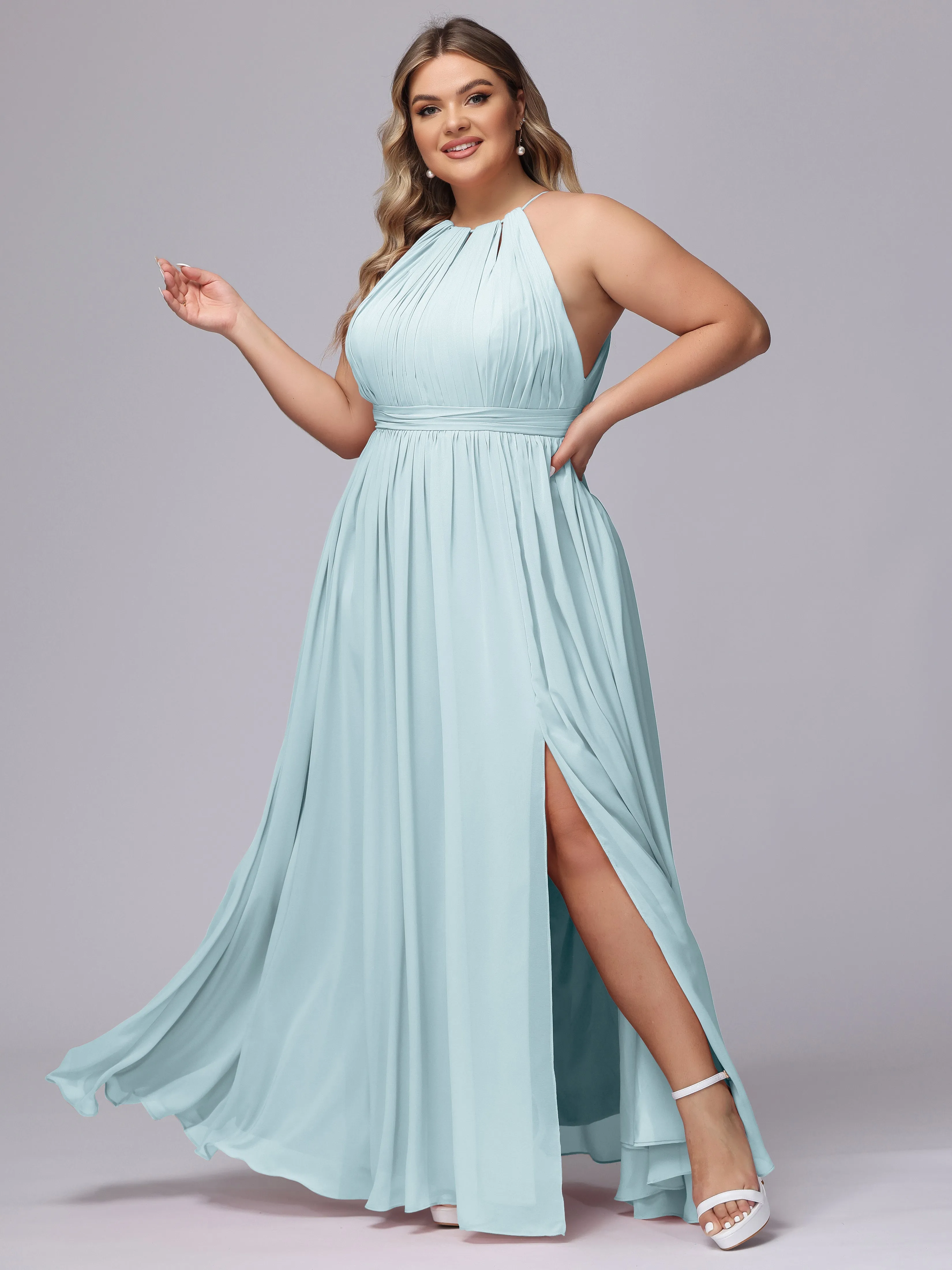 Chiffon Floor Length Halter Plus Size Split Bridesmaid Dresses