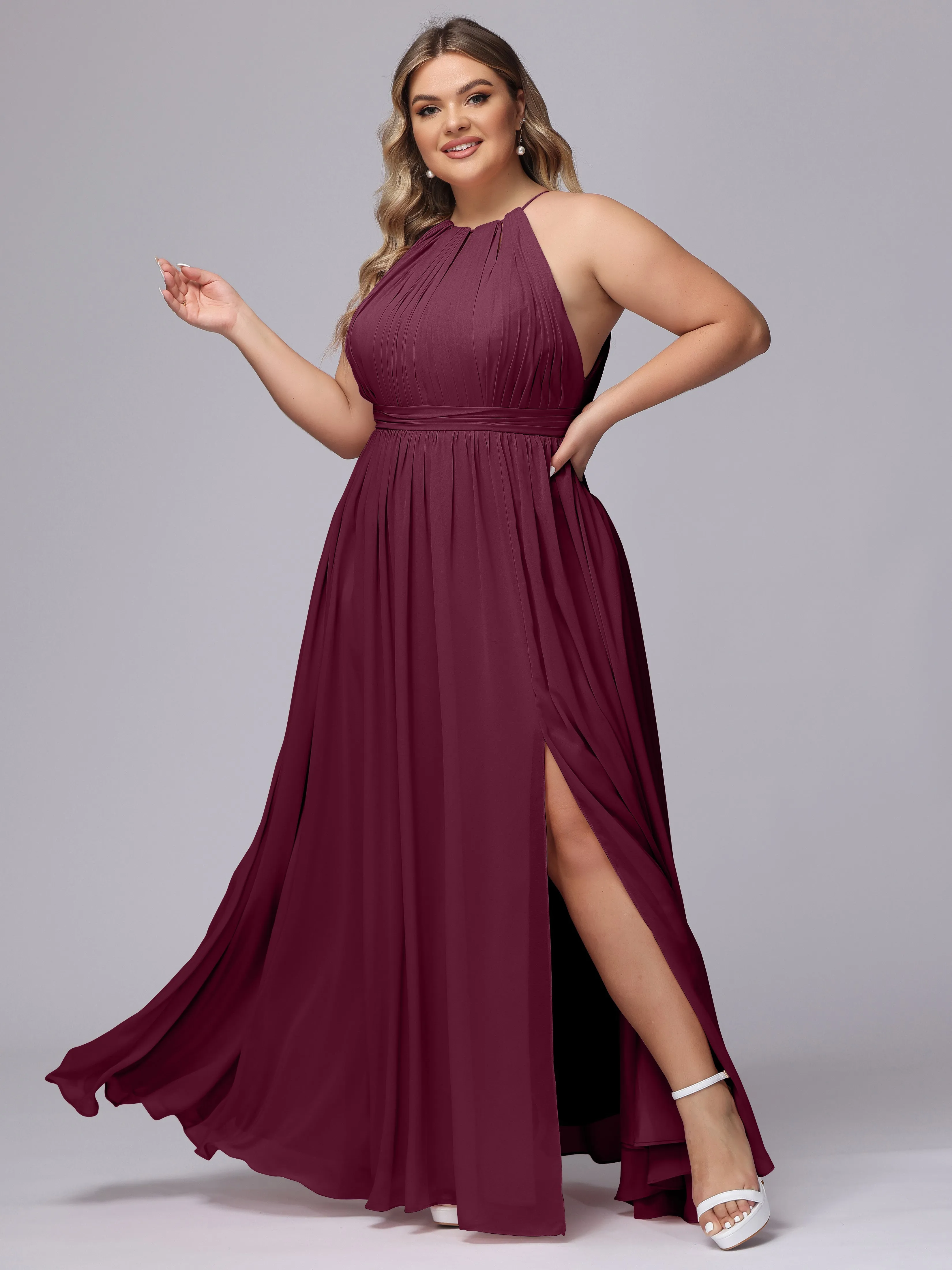 Chiffon Floor Length Halter Plus Size Split Bridesmaid Dresses