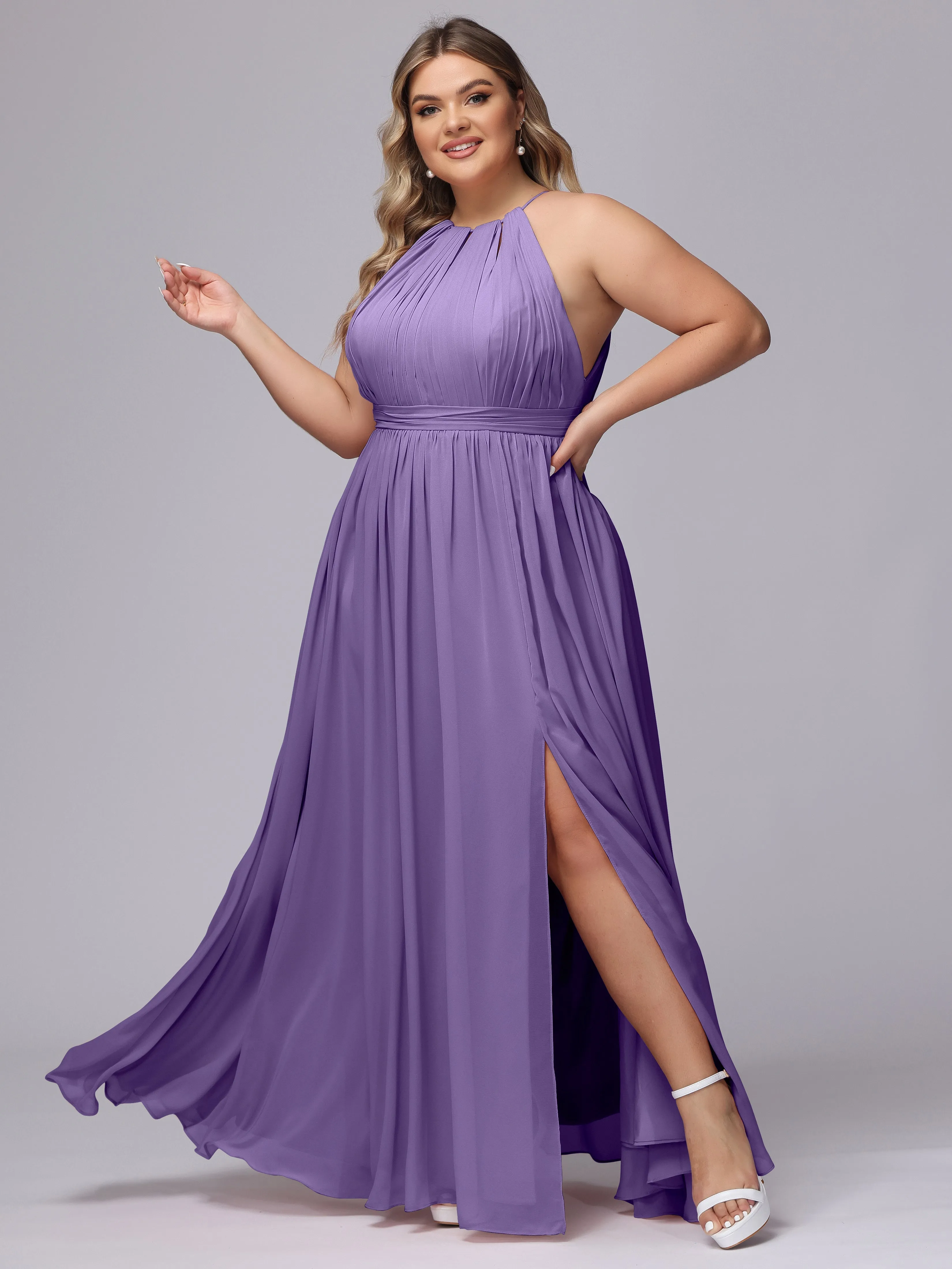 Chiffon Floor Length Halter Plus Size Split Bridesmaid Dresses