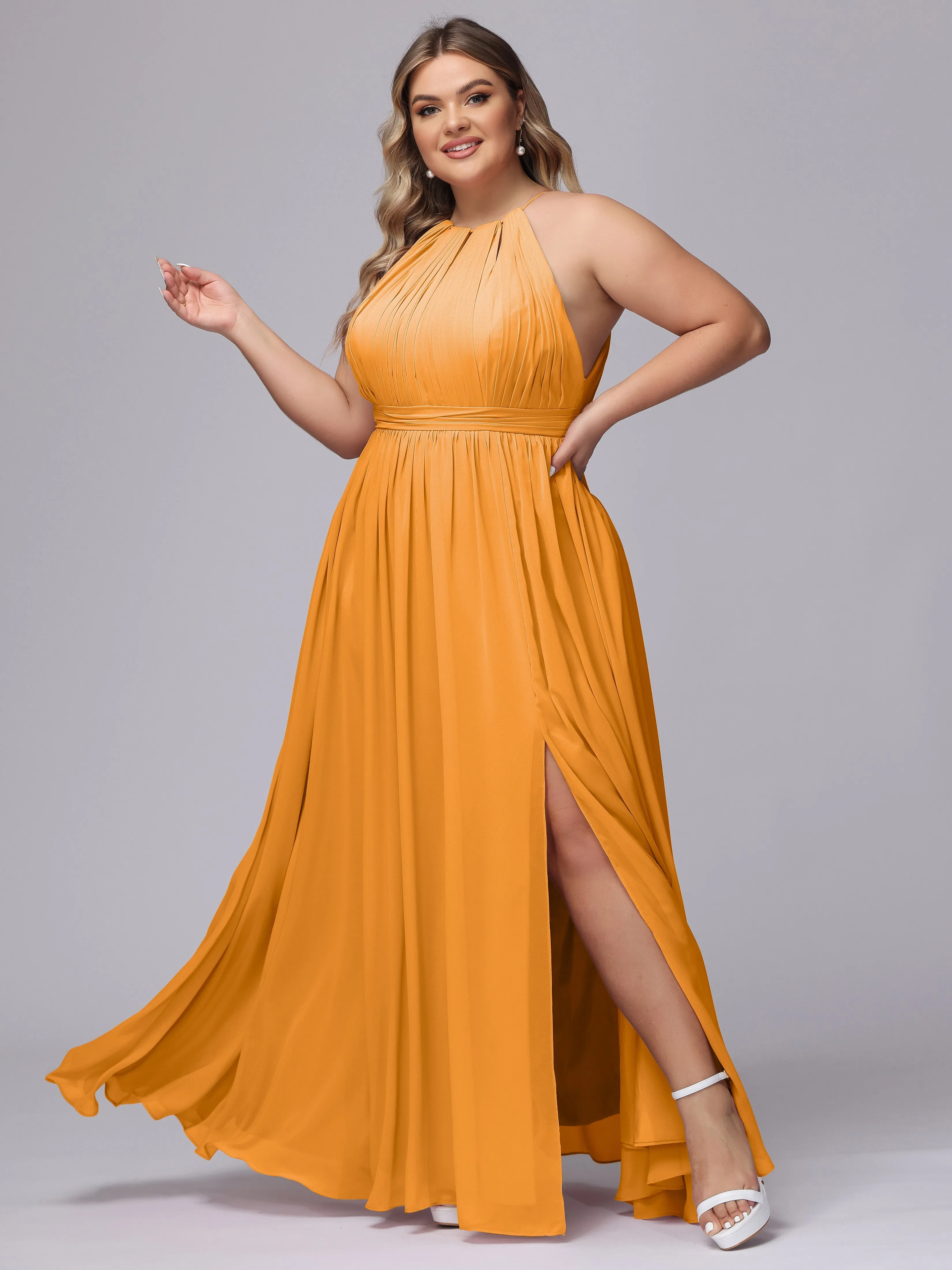 Chiffon Floor Length Halter Plus Size Split Bridesmaid Dresses