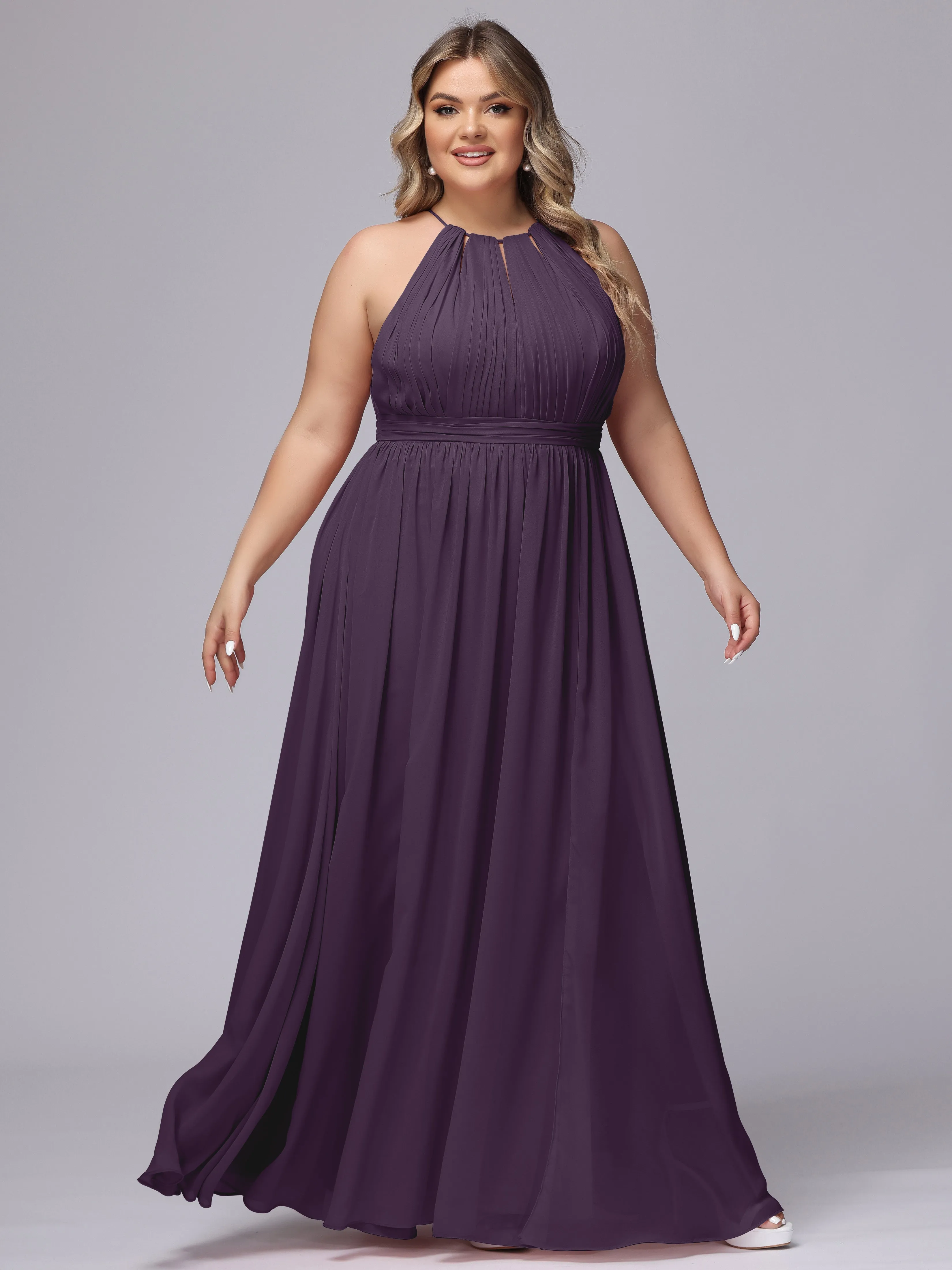 Chiffon Floor Length Halter Plus Size Split Bridesmaid Dresses