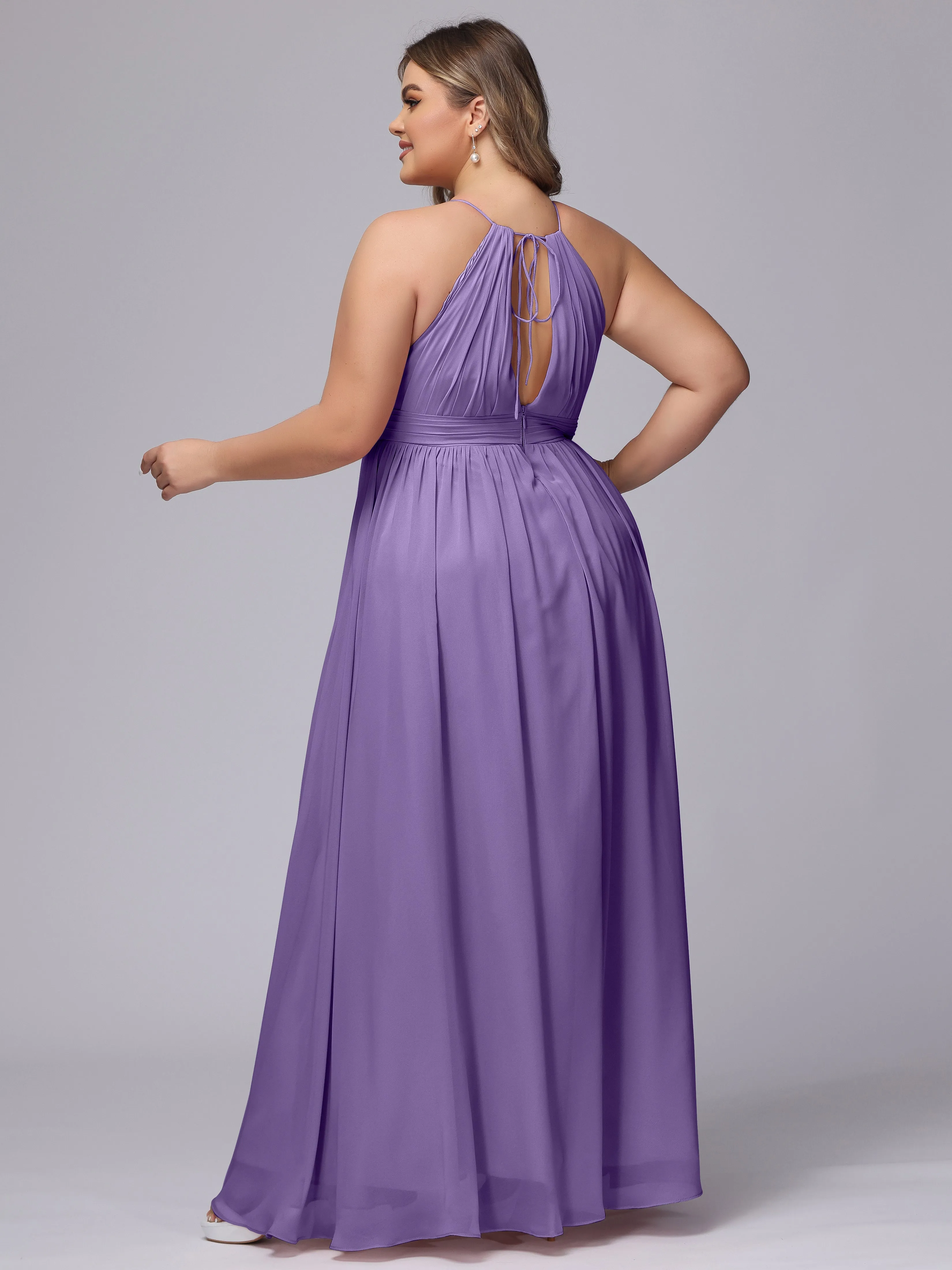 Chiffon Floor Length Halter Plus Size Split Bridesmaid Dresses