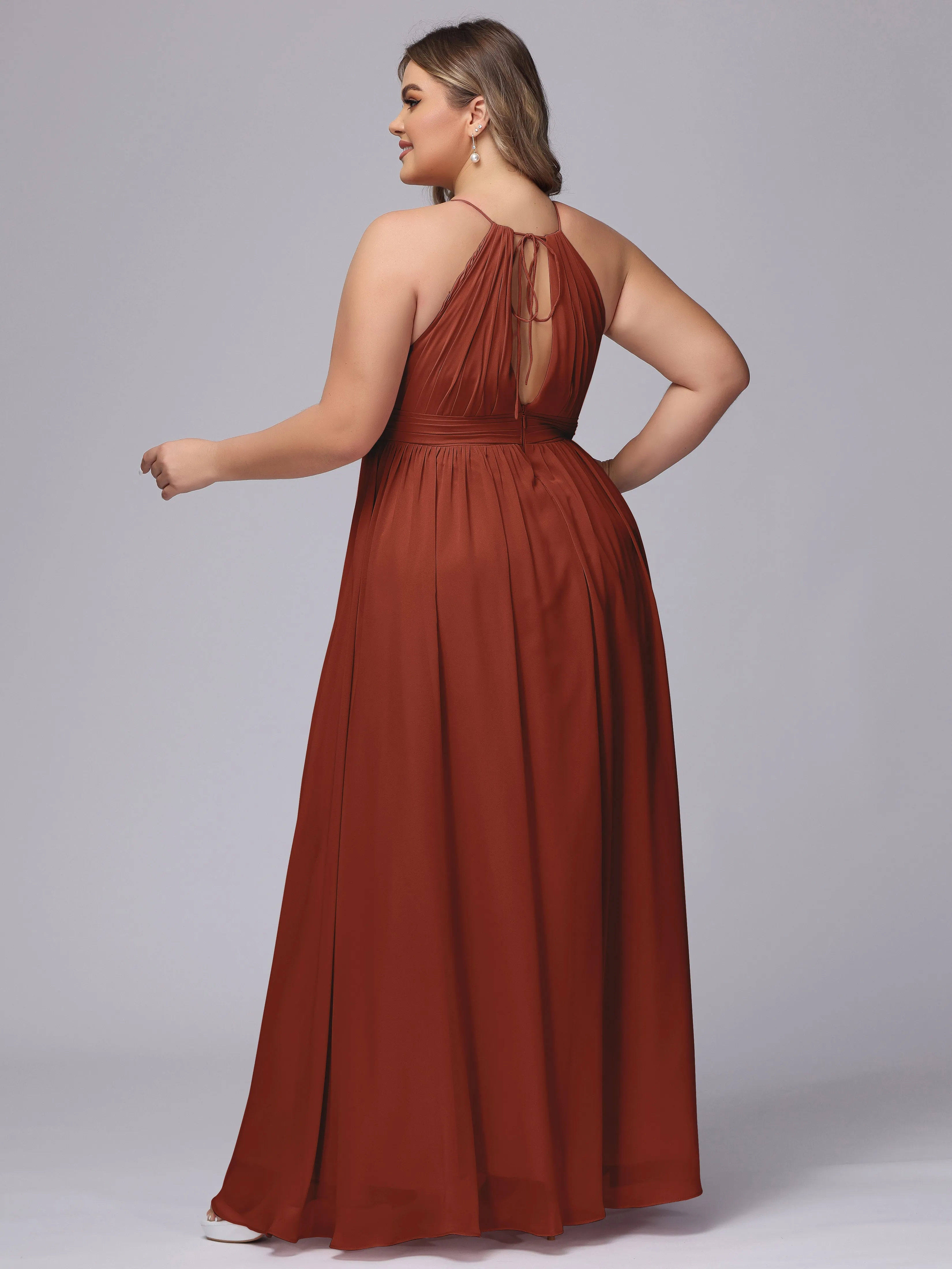 Chiffon Floor Length Halter Plus Size Split Bridesmaid Dresses