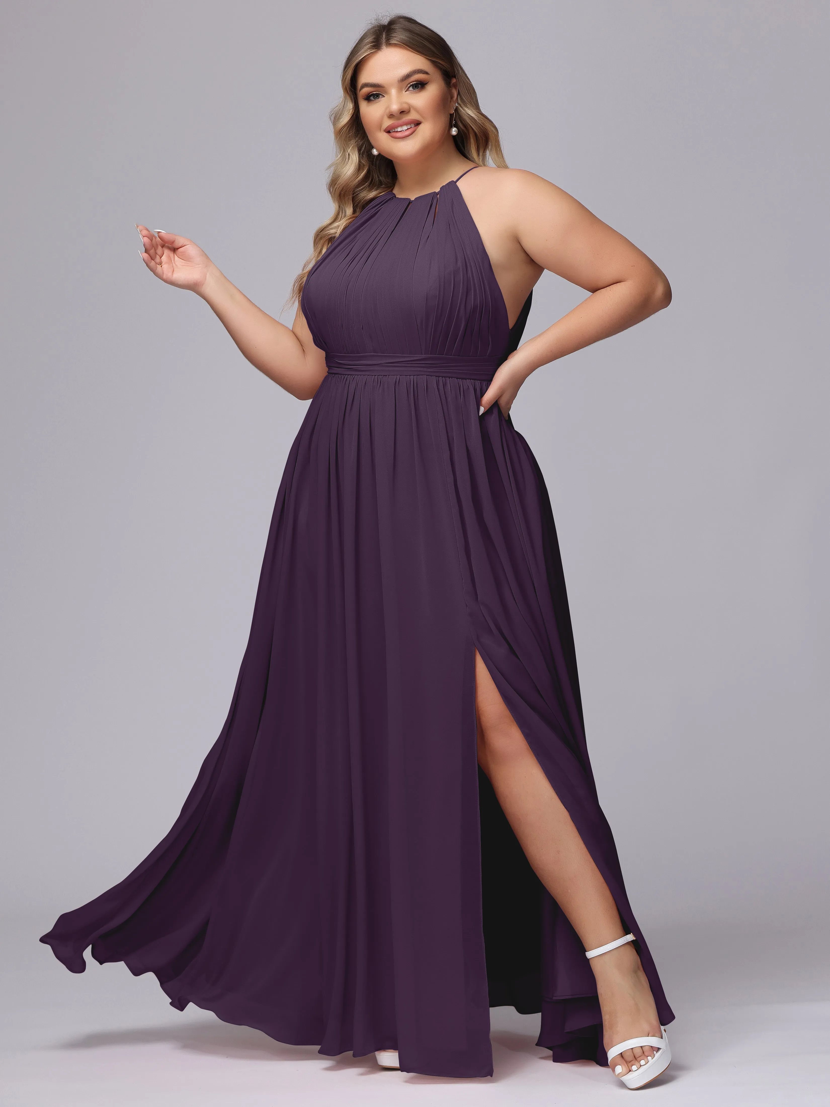 Chiffon Floor Length Halter Plus Size Split Bridesmaid Dresses