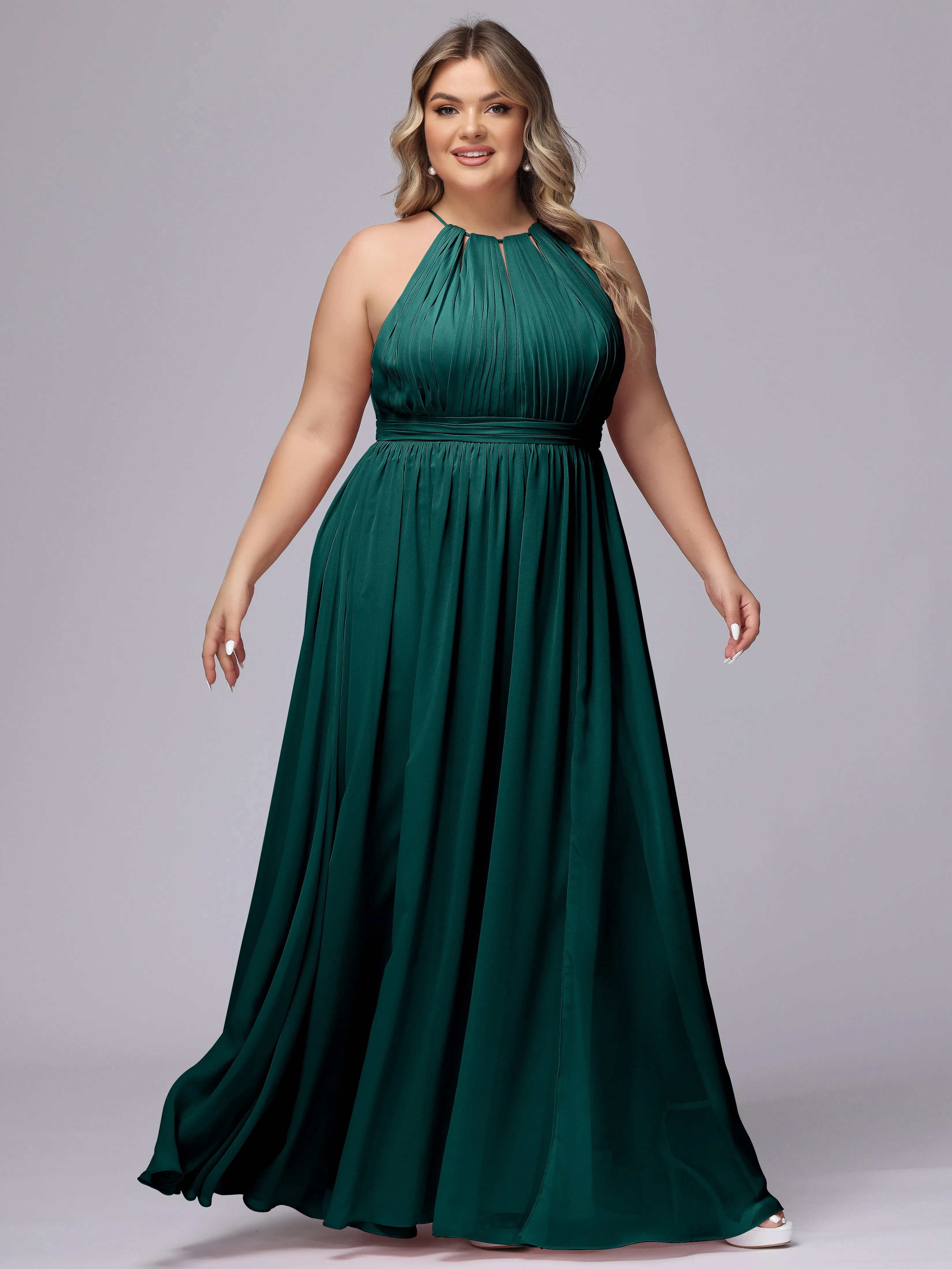 Chiffon Floor Length Halter Plus Size Split Bridesmaid Dresses