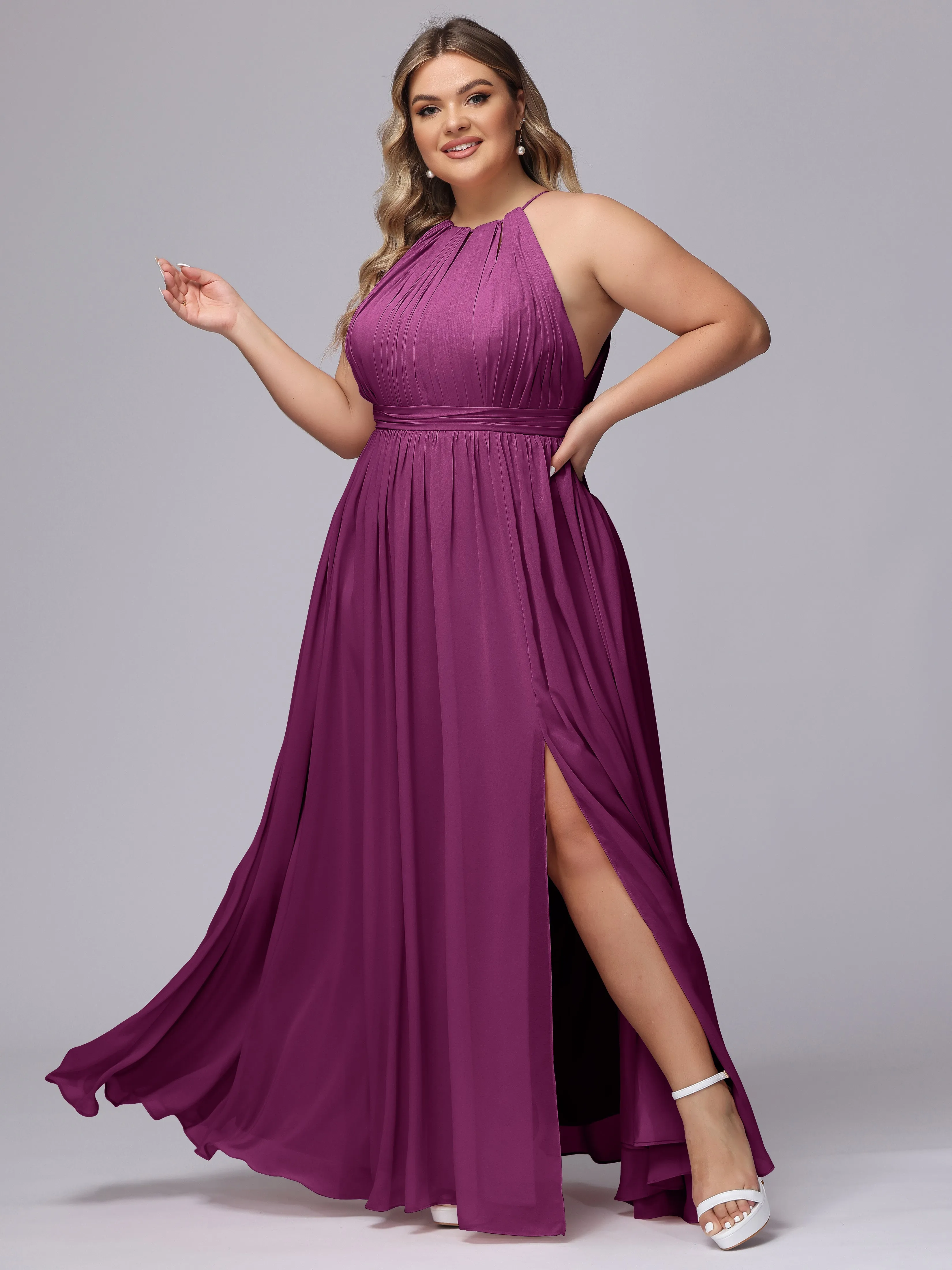 Chiffon Floor Length Halter Plus Size Split Bridesmaid Dresses