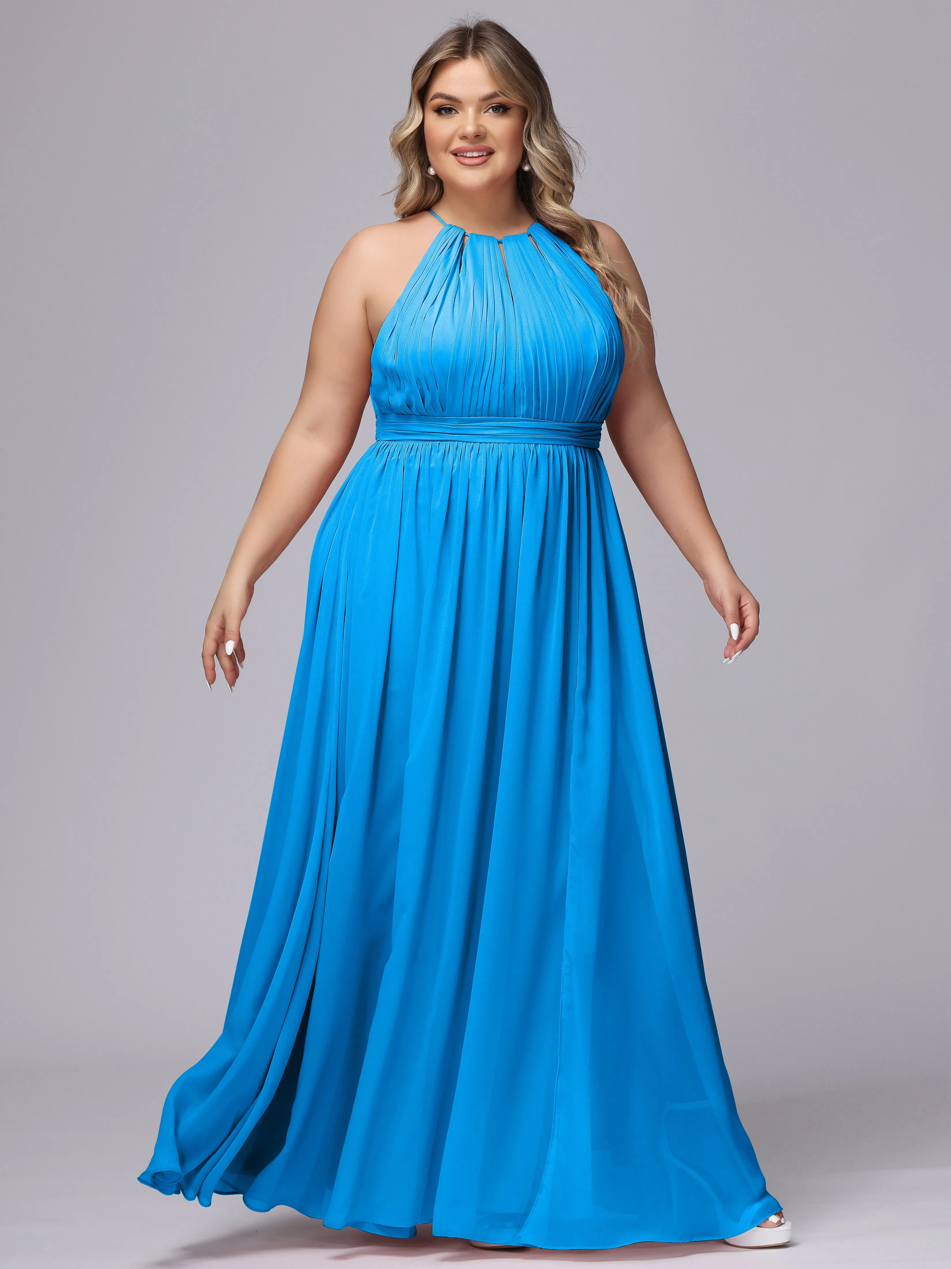 Chiffon Floor Length Halter Plus Size Split Bridesmaid Dresses
