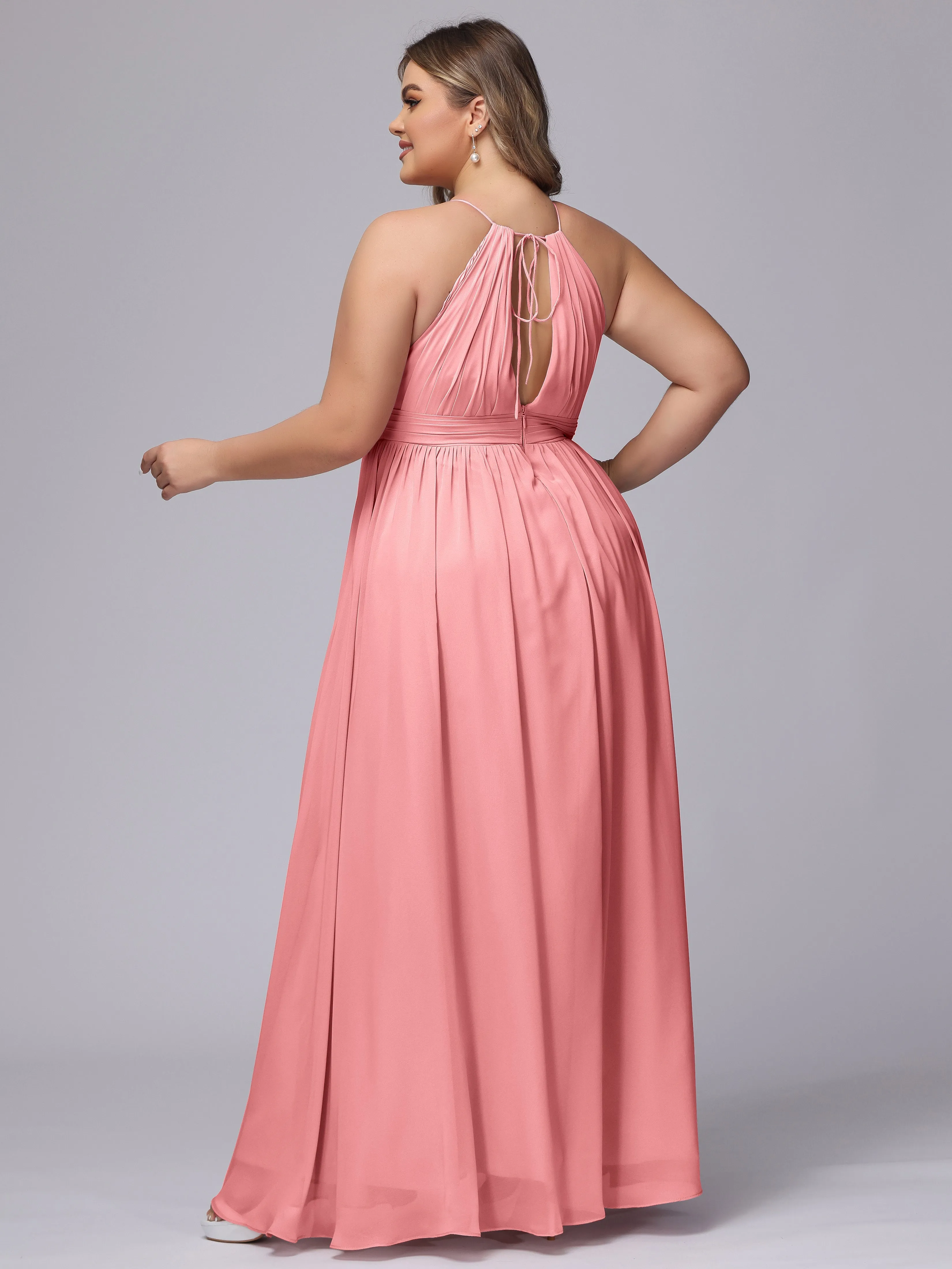 Chiffon Floor Length Halter Plus Size Split Bridesmaid Dresses