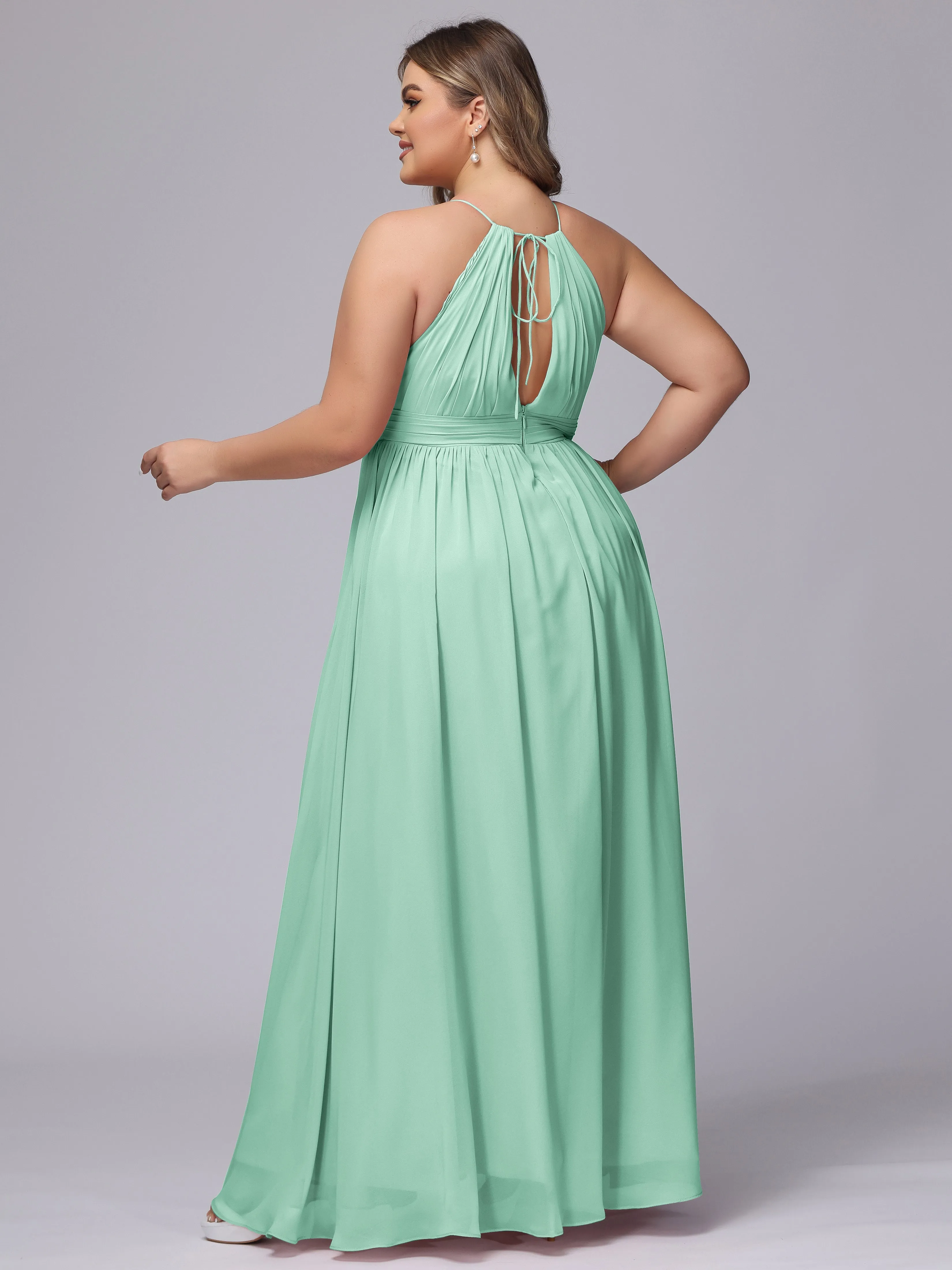Chiffon Floor Length Halter Plus Size Split Bridesmaid Dresses