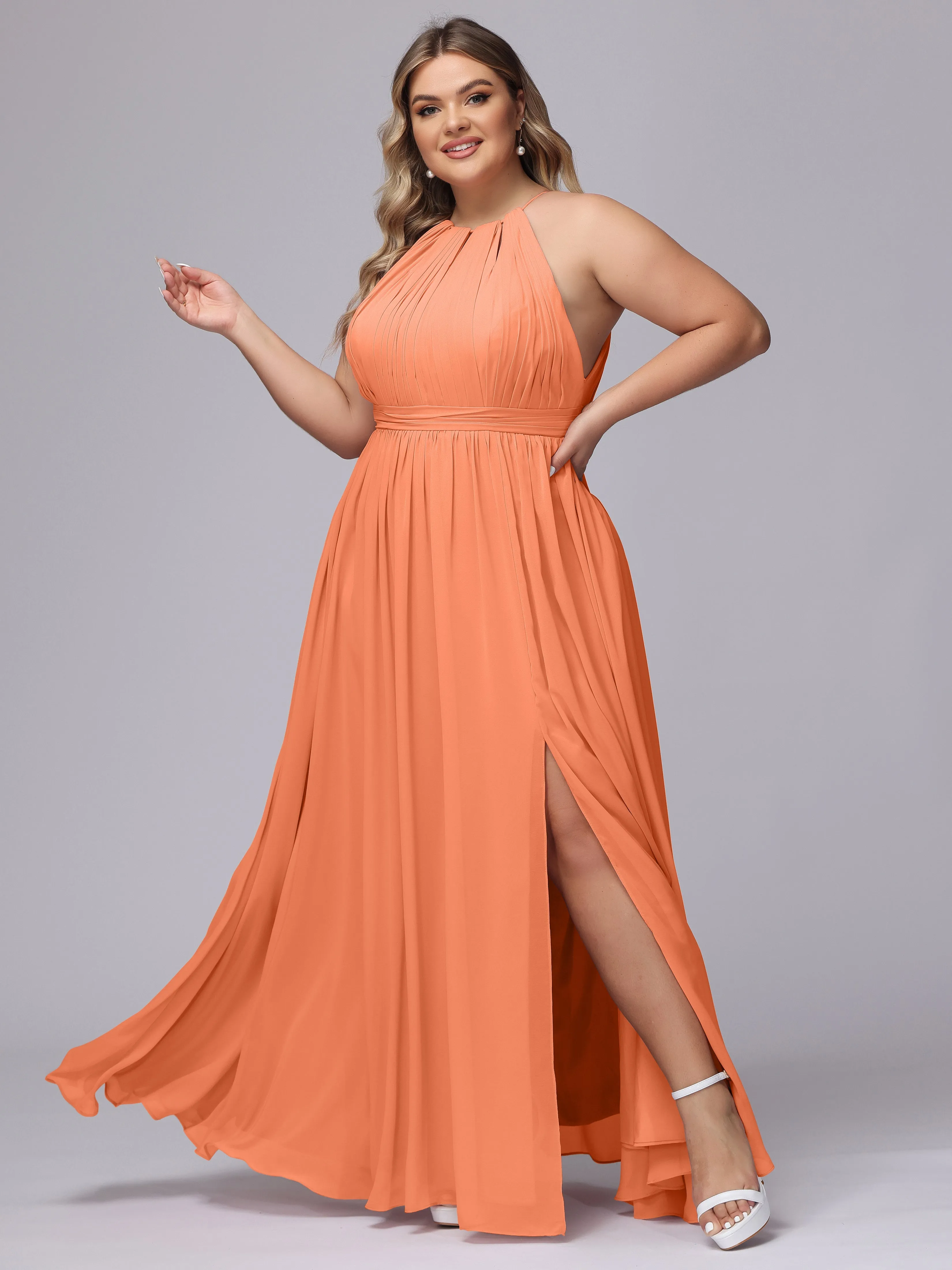Chiffon Floor Length Halter Plus Size Split Bridesmaid Dresses
