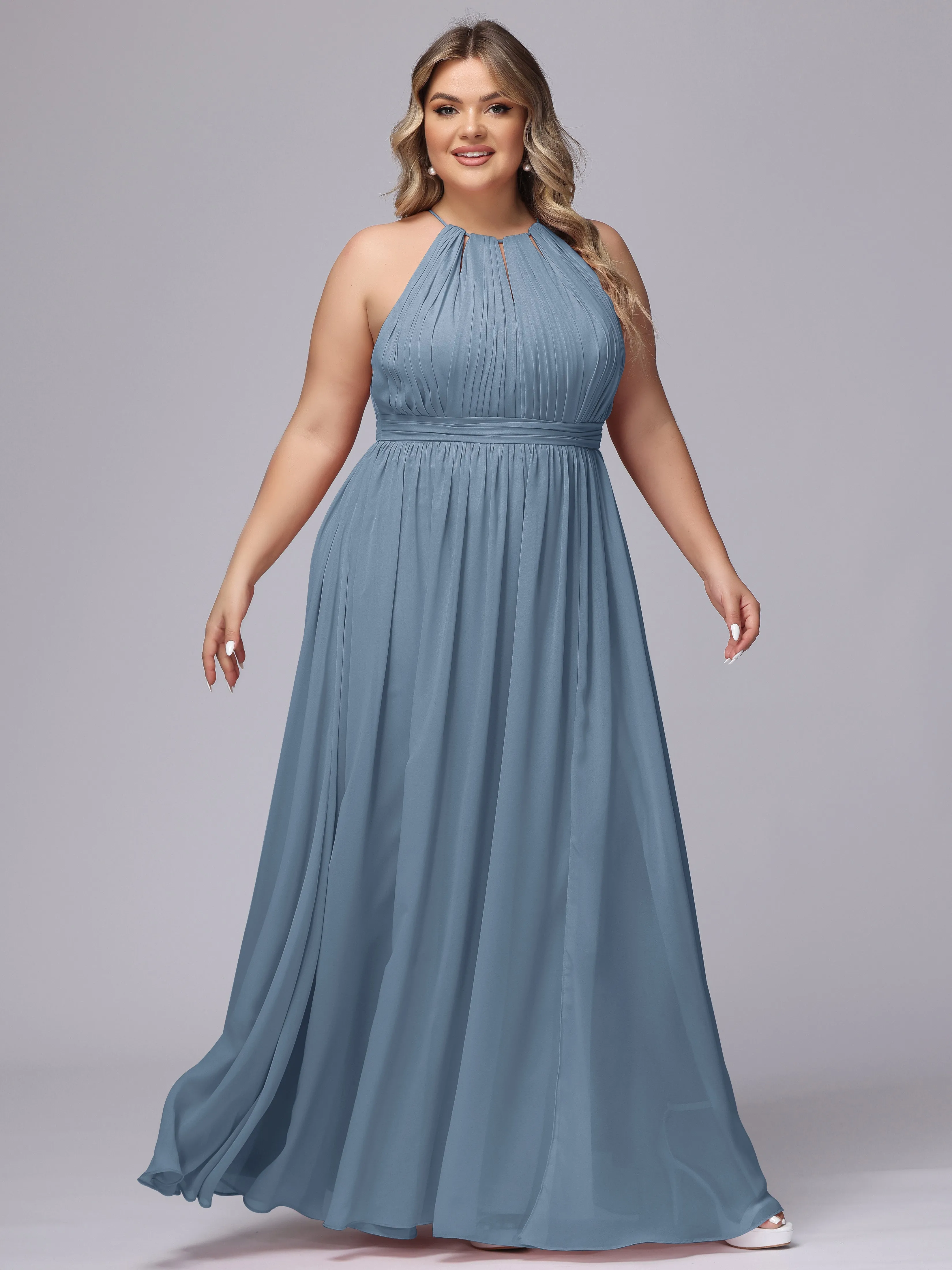 Chiffon Floor Length Halter Plus Size Split Bridesmaid Dresses