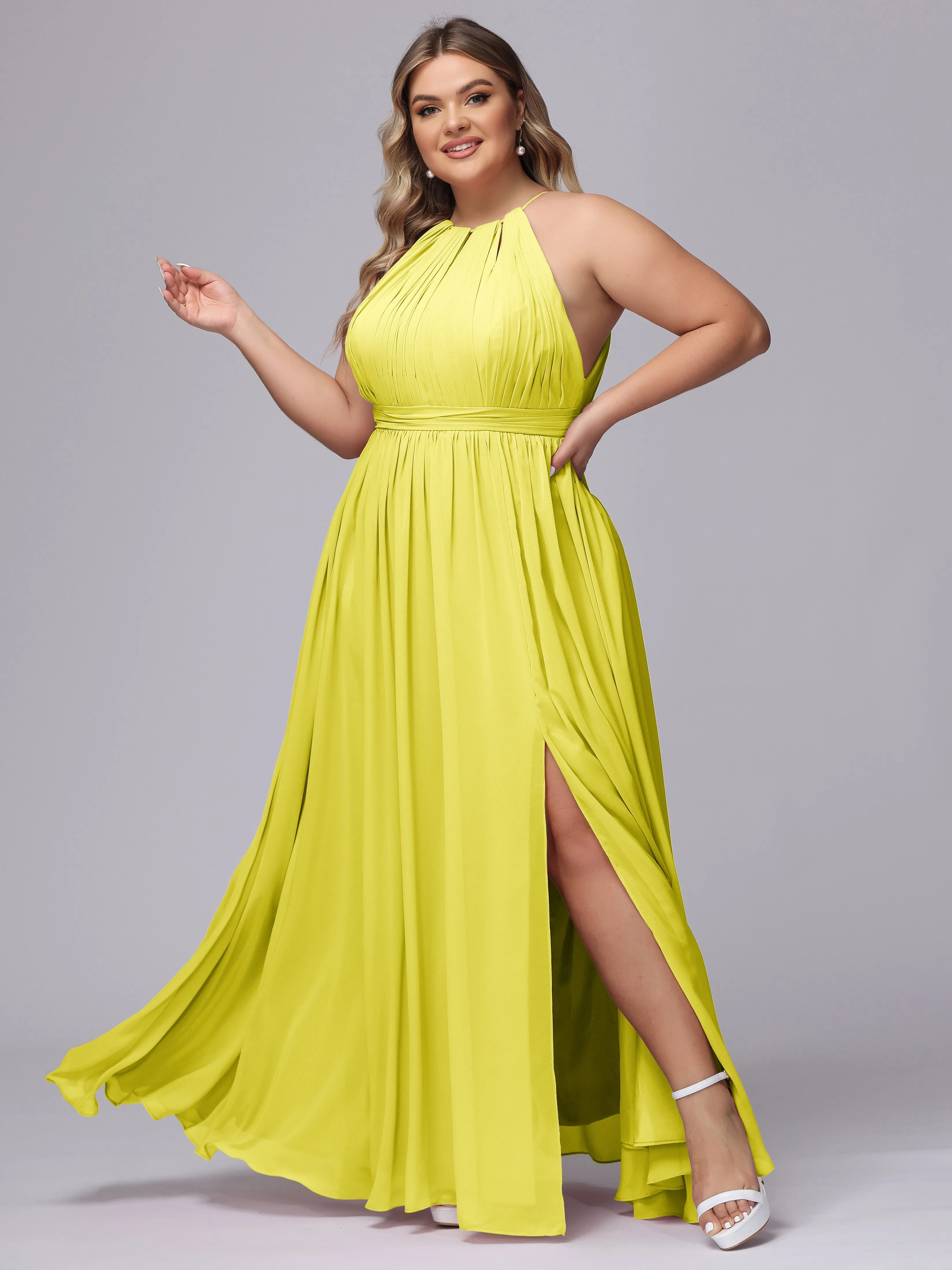 Chiffon Floor Length Halter Plus Size Split Bridesmaid Dresses