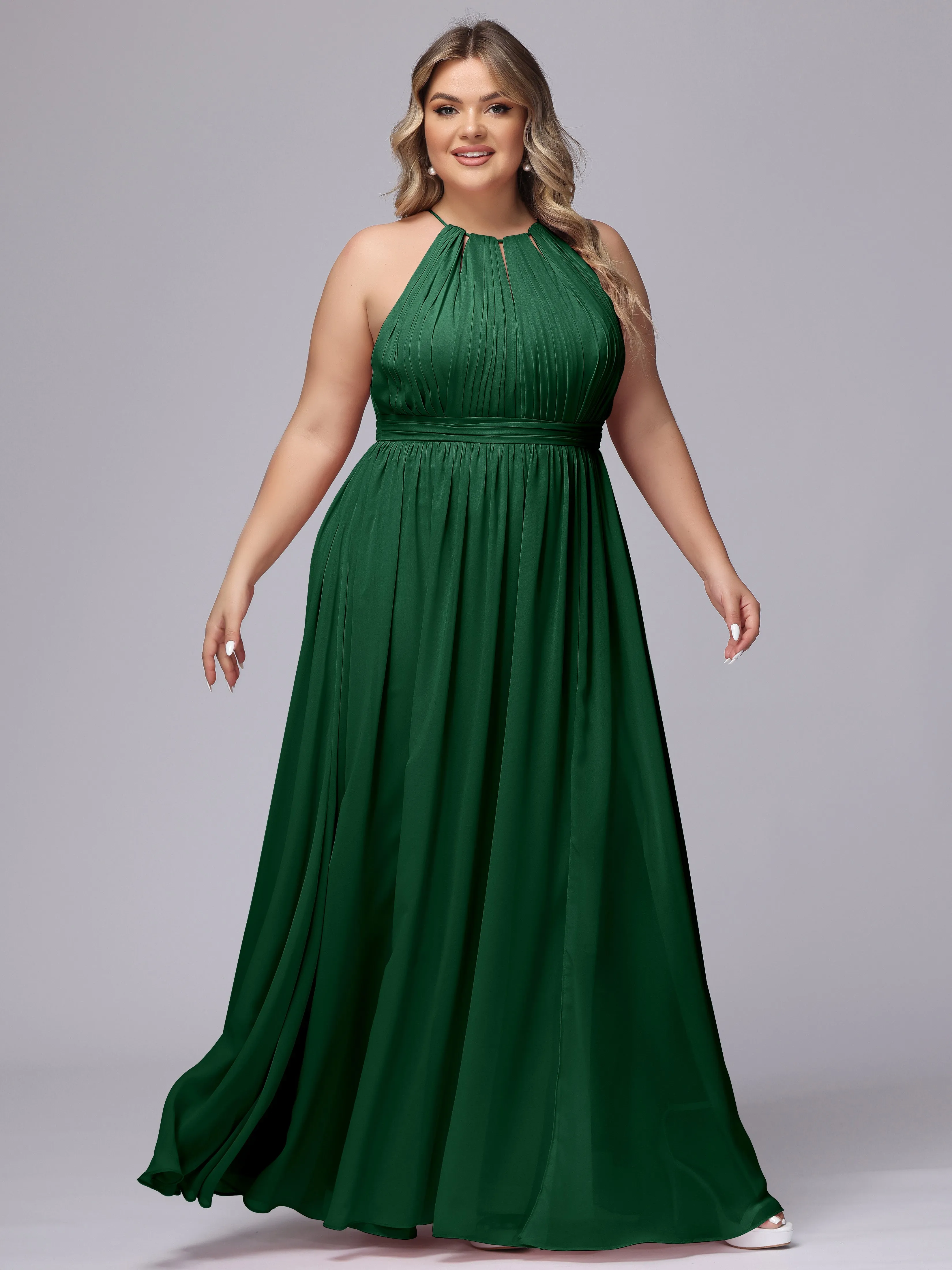 Chiffon Floor Length Halter Plus Size Split Bridesmaid Dresses