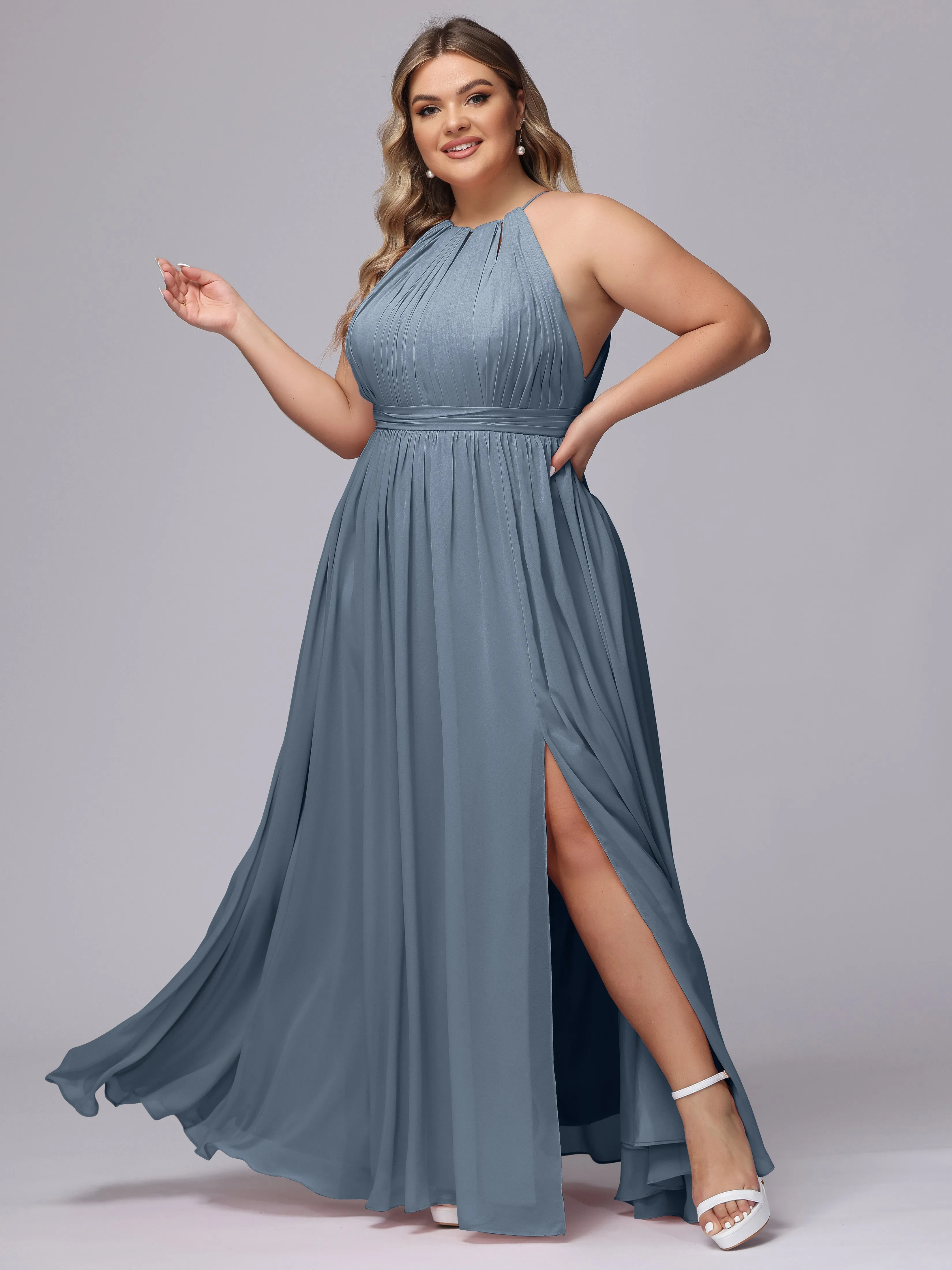 Chiffon Floor Length Halter Plus Size Split Bridesmaid Dresses