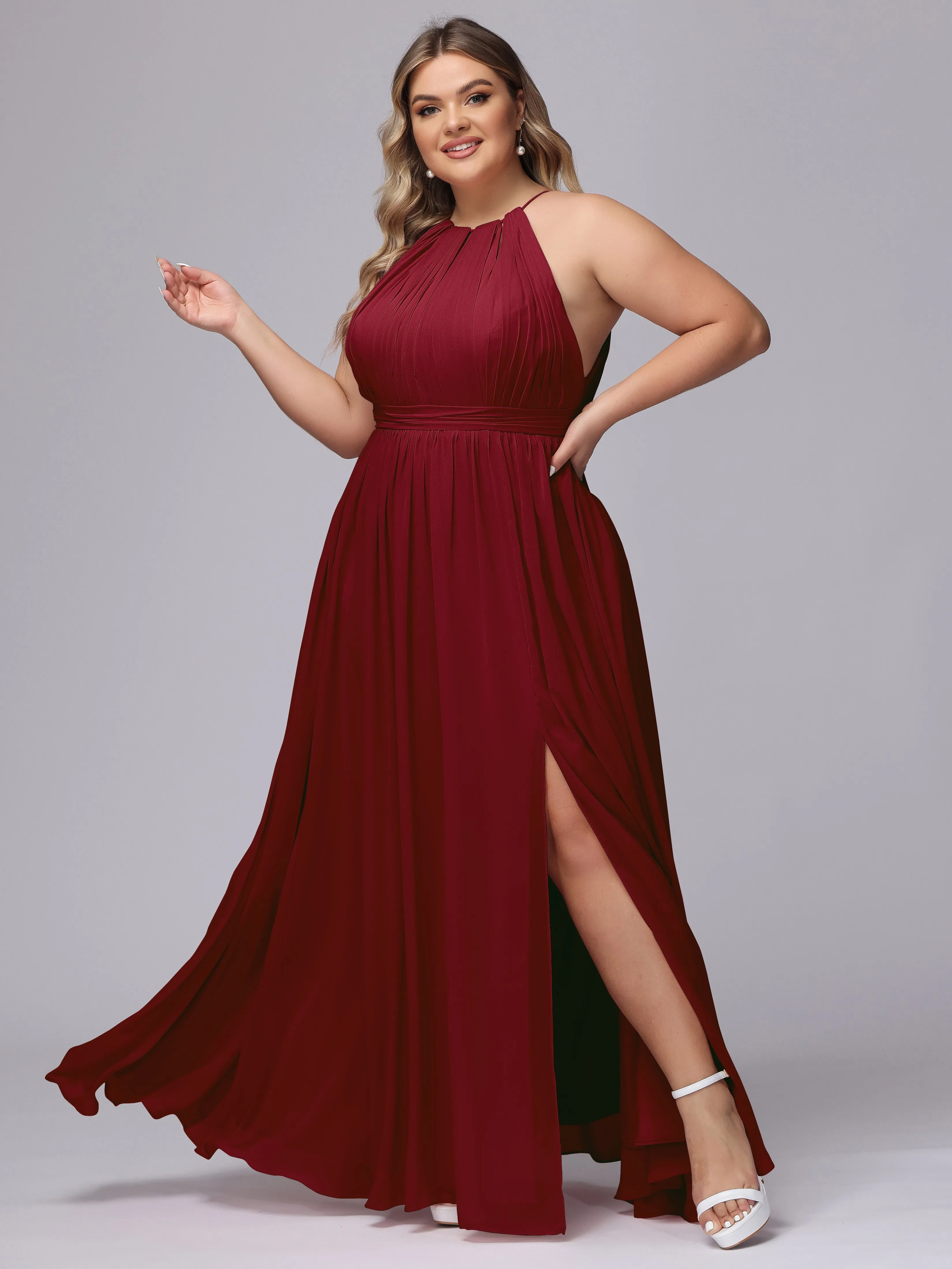 Chiffon Floor Length Halter Plus Size Split Bridesmaid Dresses