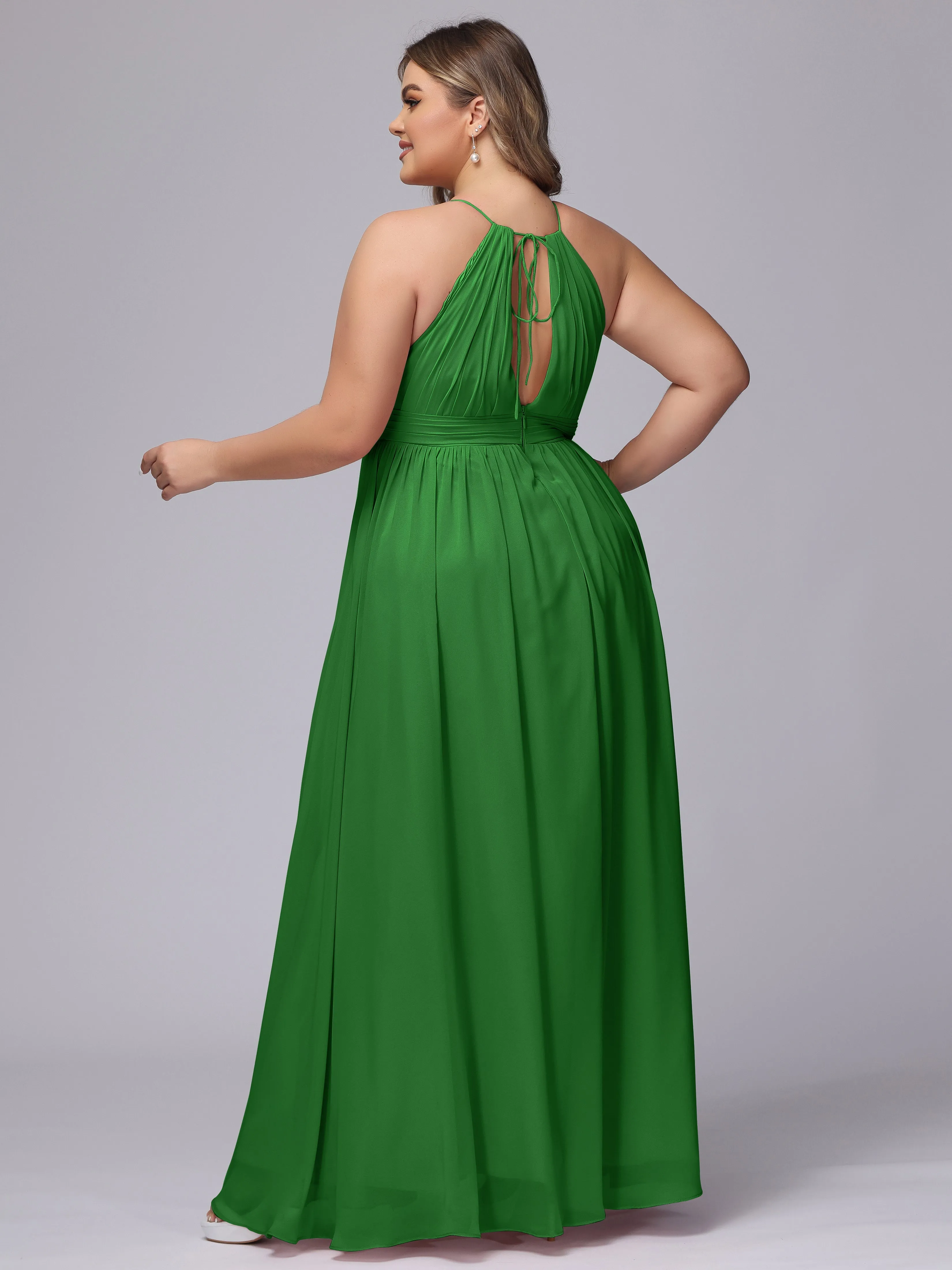 Chiffon Floor Length Halter Plus Size Split Bridesmaid Dresses