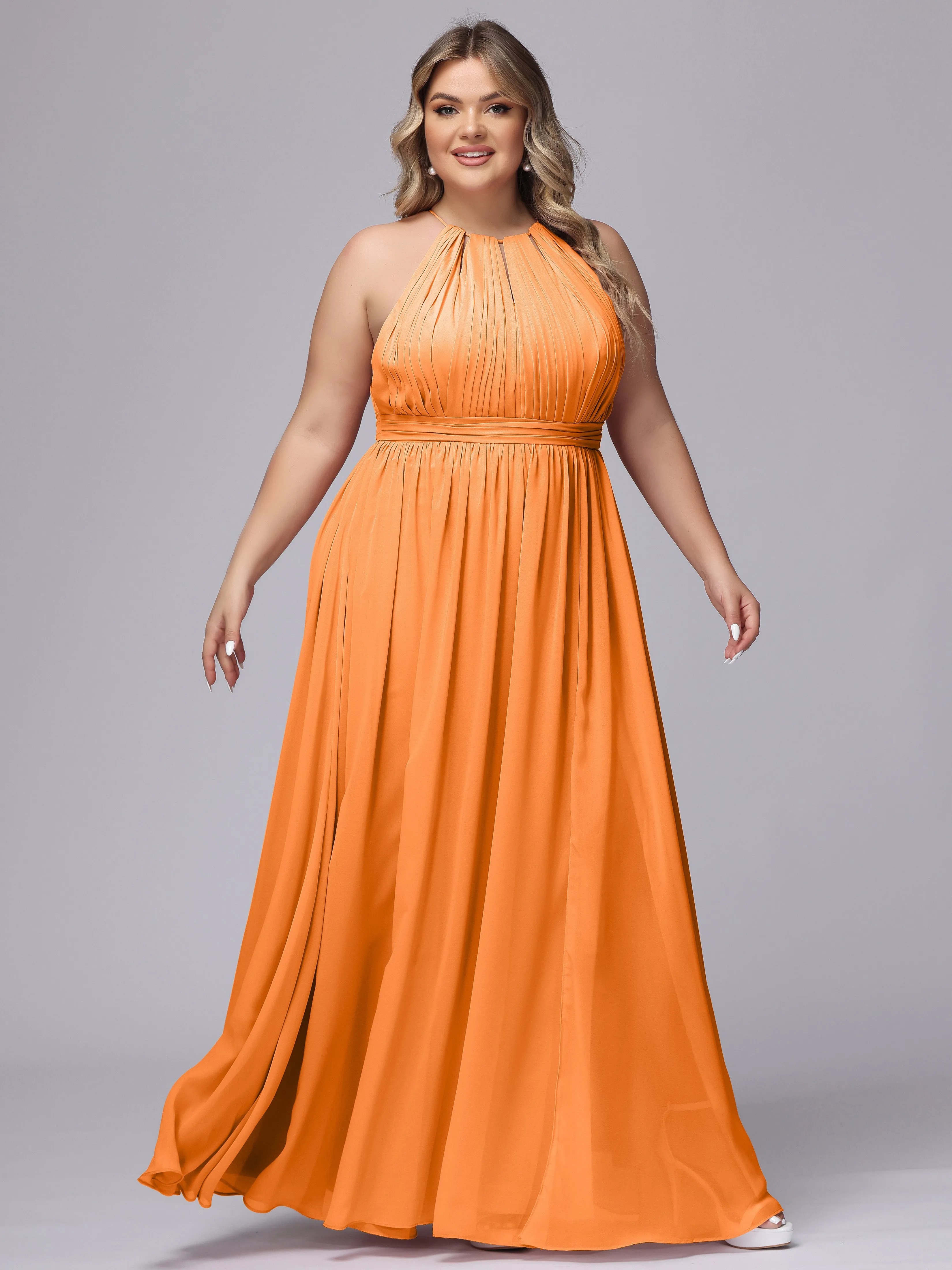 Chiffon Floor Length Halter Plus Size Split Bridesmaid Dresses