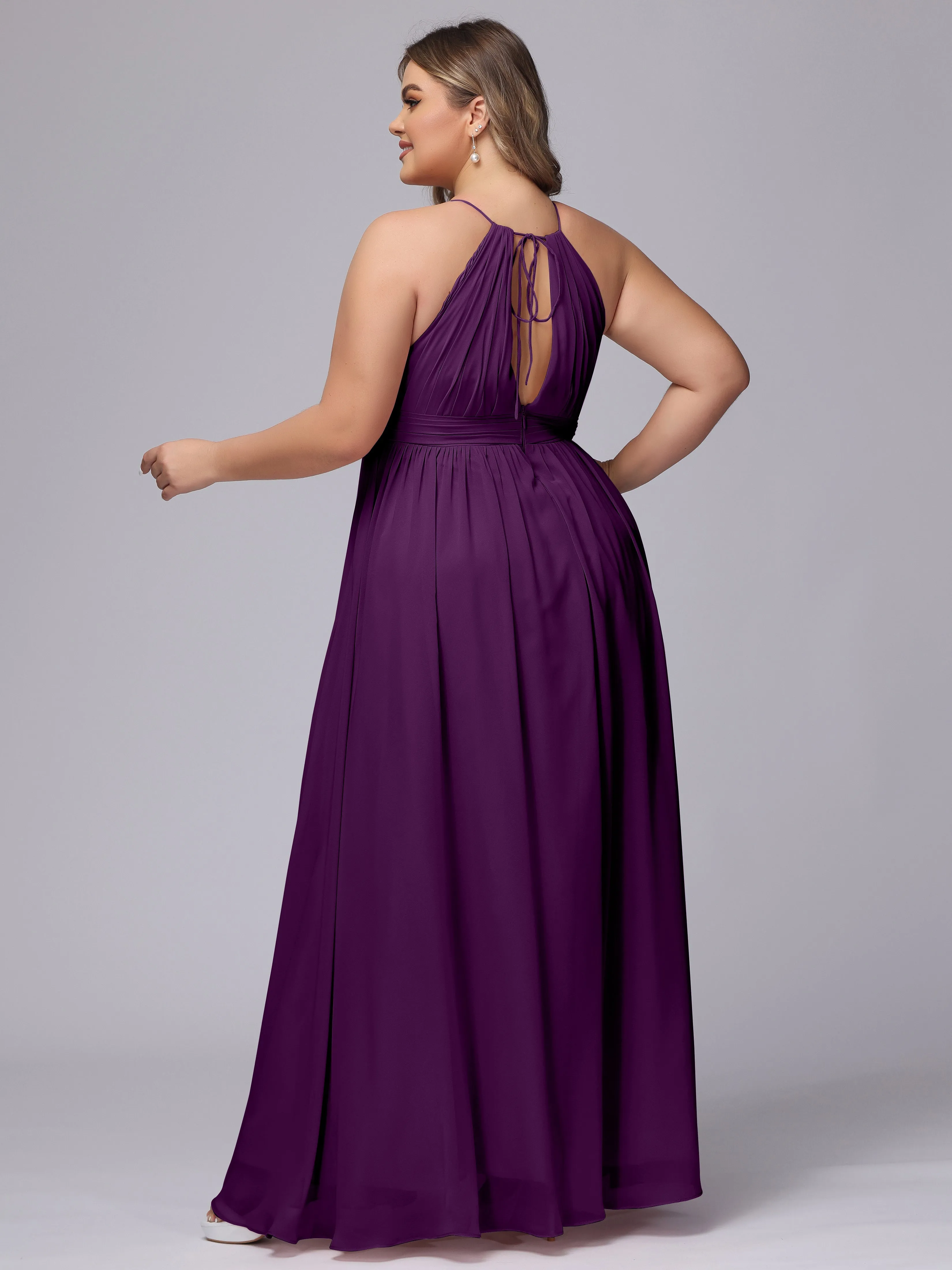 Chiffon Floor Length Halter Plus Size Split Bridesmaid Dresses