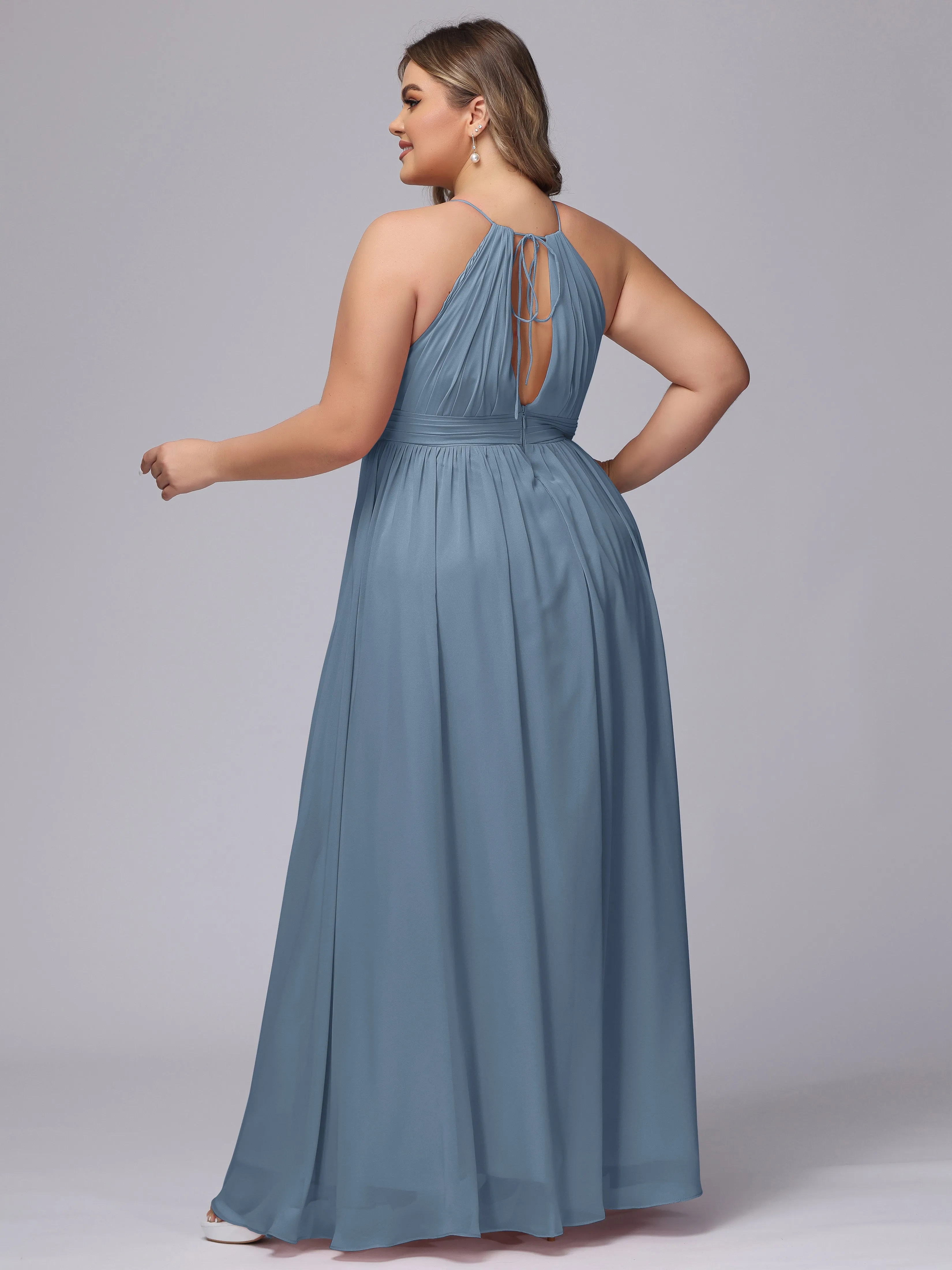 Chiffon Floor Length Halter Plus Size Split Bridesmaid Dresses