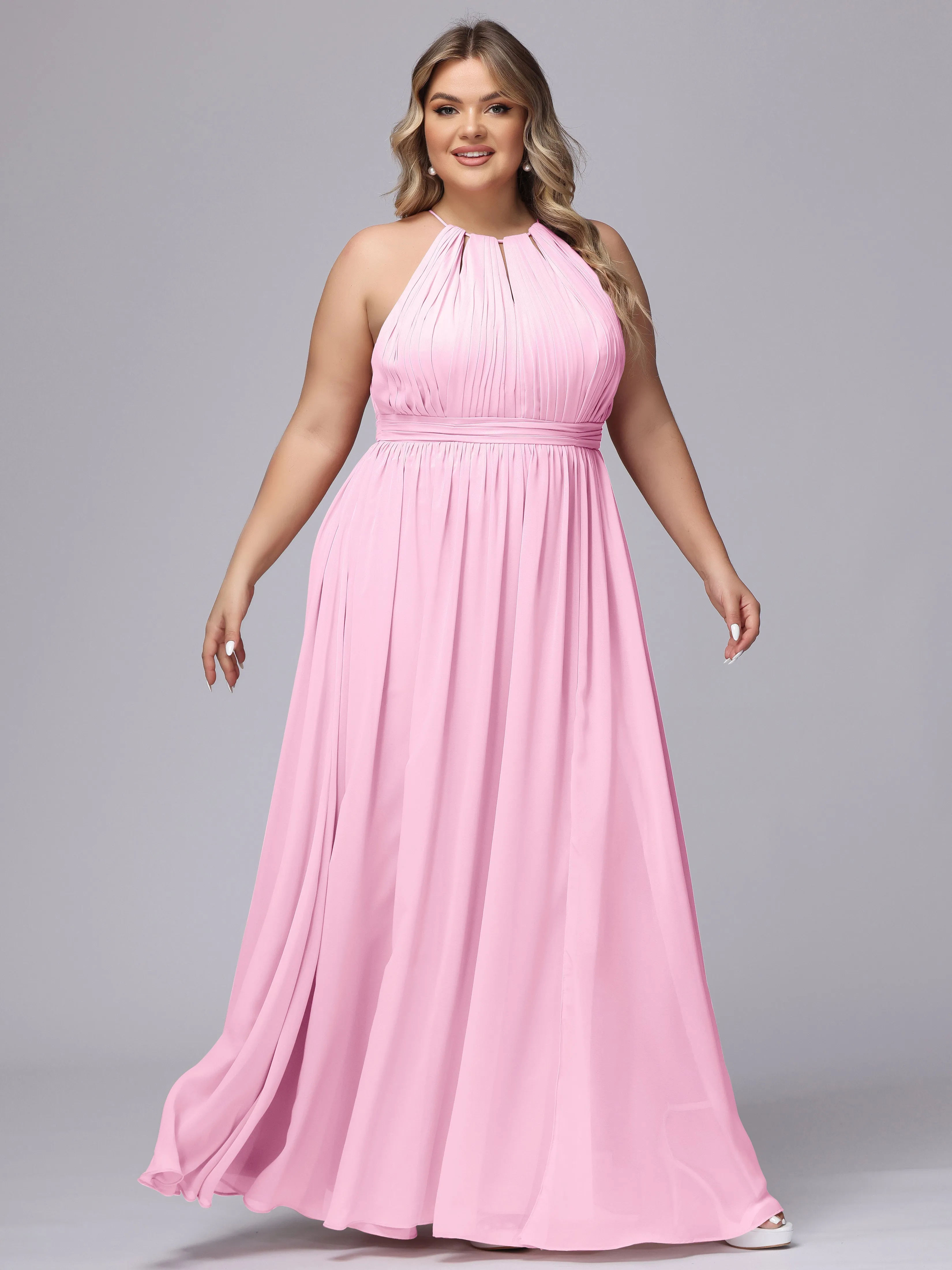 Chiffon Floor Length Halter Plus Size Split Bridesmaid Dresses