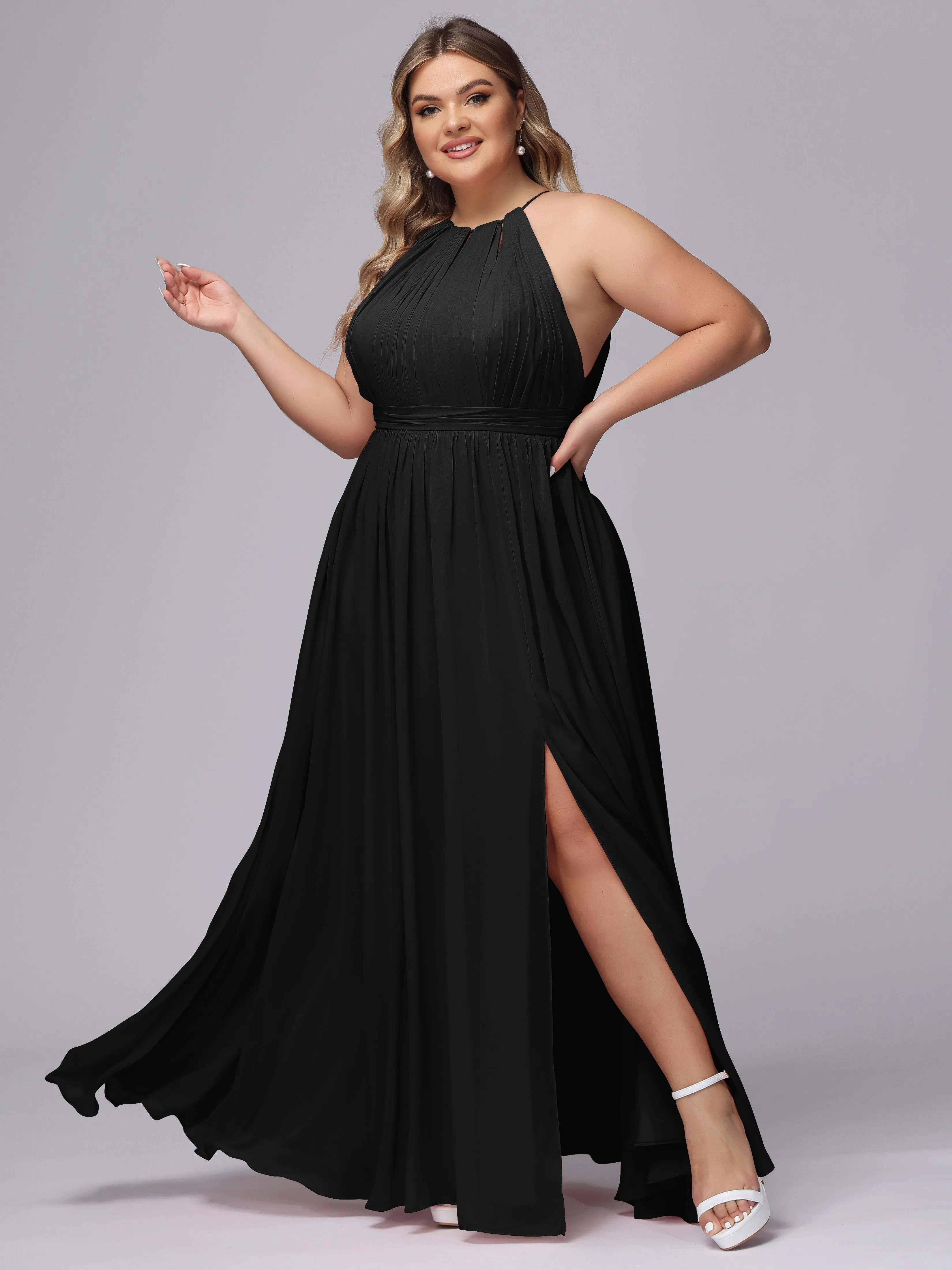 Chiffon Floor Length Halter Plus Size Split Bridesmaid Dresses