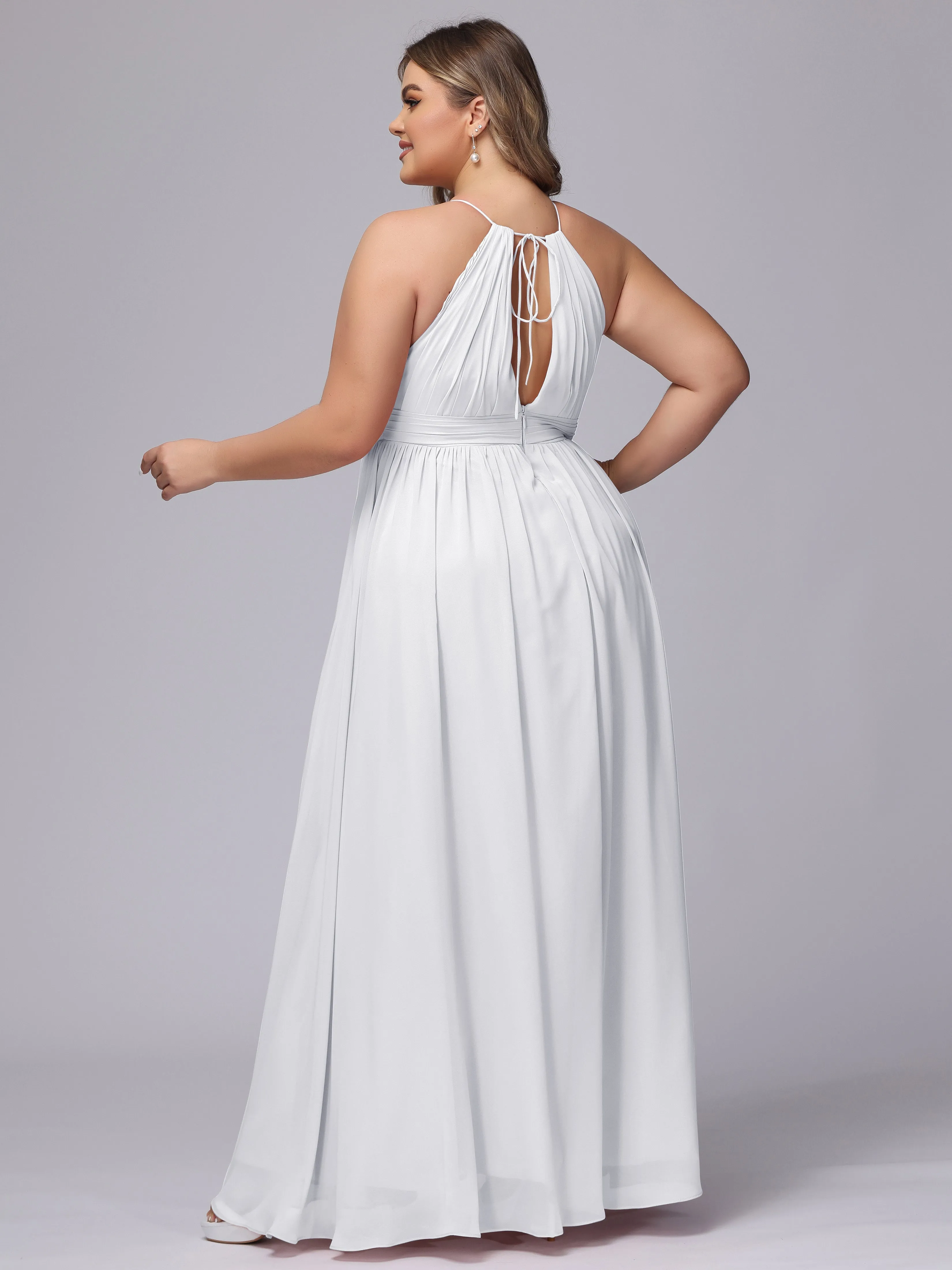 Chiffon Floor Length Halter Plus Size Split Bridesmaid Dresses
