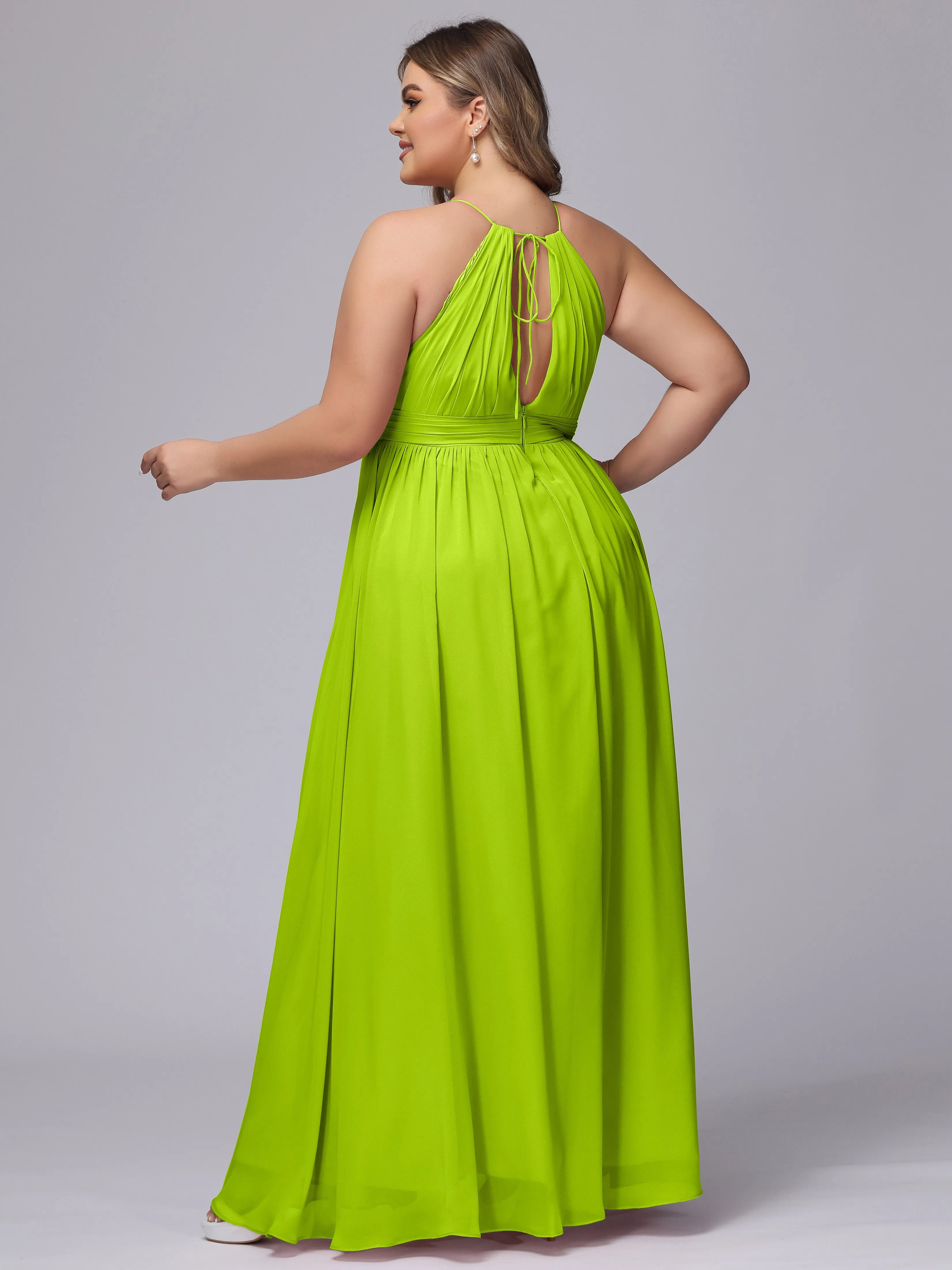 Chiffon Floor Length Halter Plus Size Split Bridesmaid Dresses