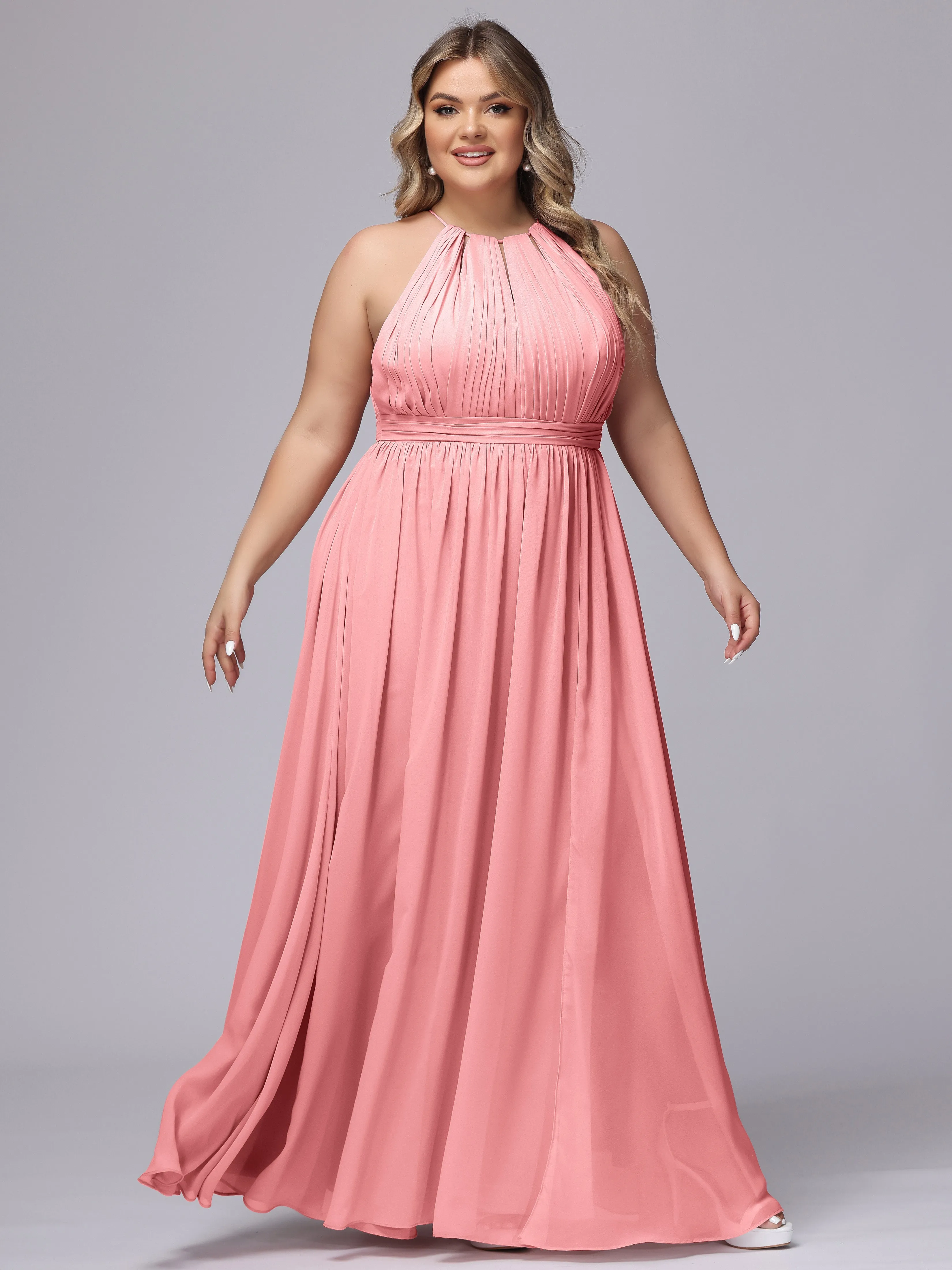 Chiffon Floor Length Halter Plus Size Split Bridesmaid Dresses