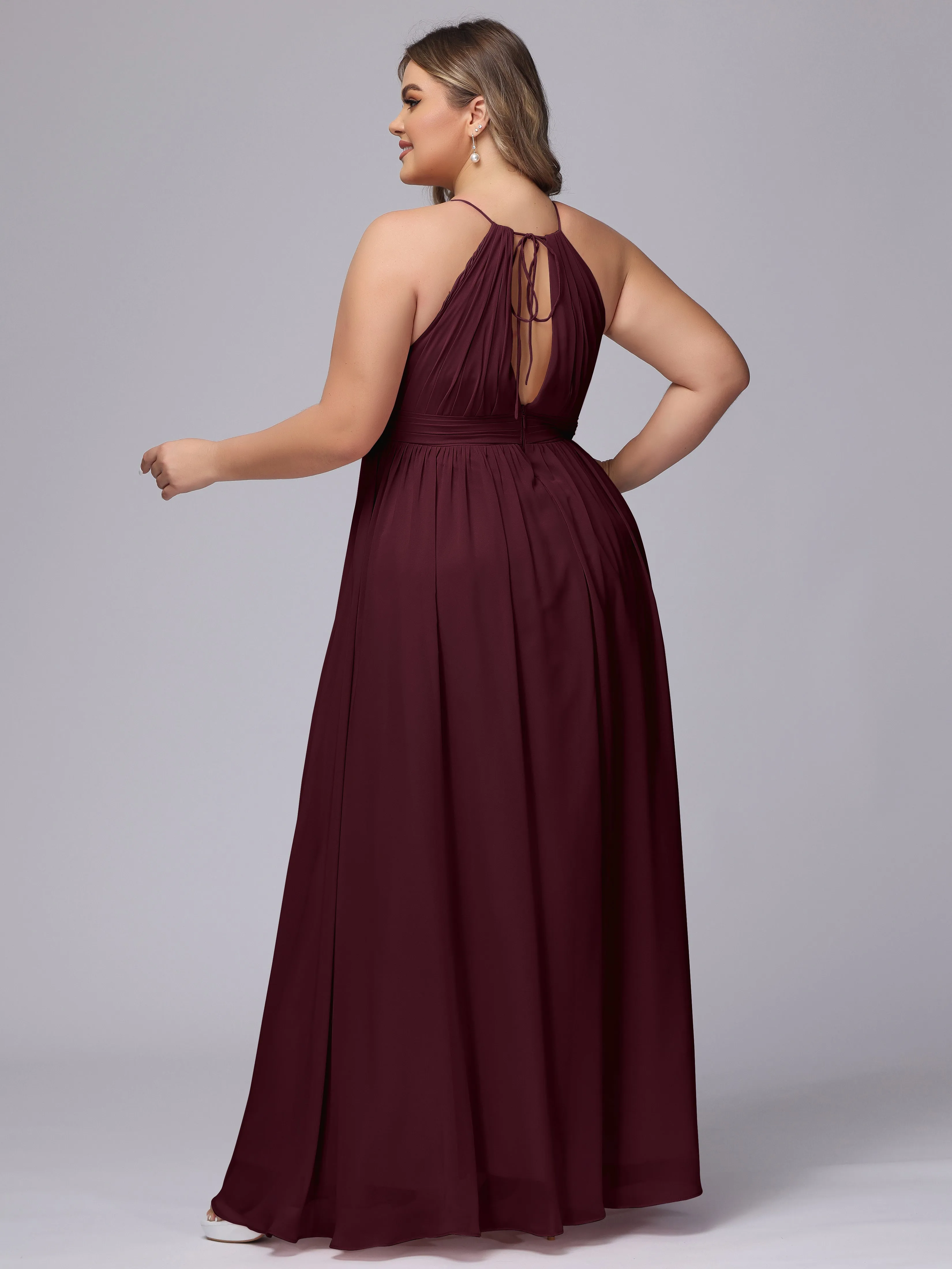Chiffon Floor Length Halter Plus Size Split Bridesmaid Dresses