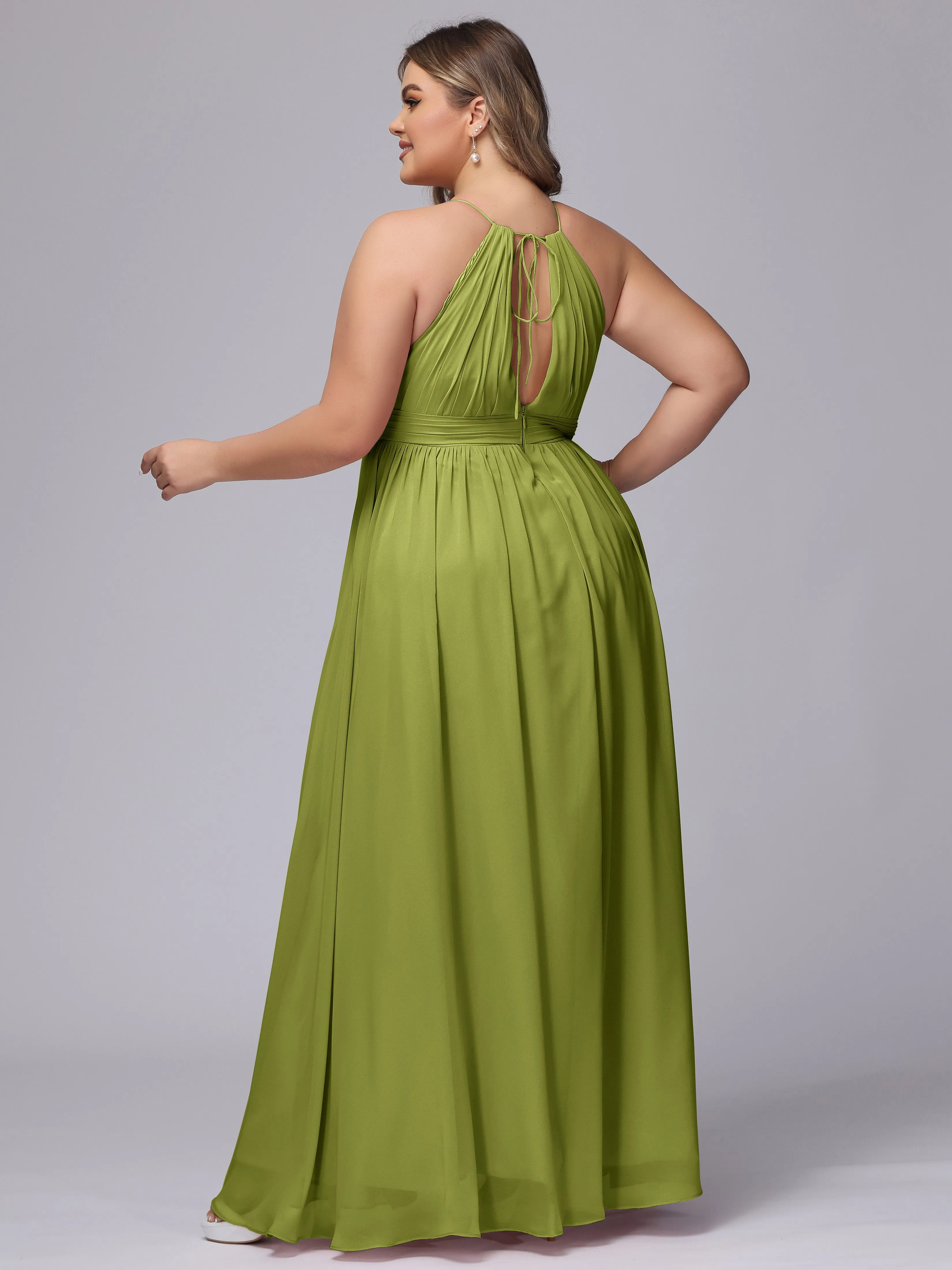 Chiffon Floor Length Halter Plus Size Split Bridesmaid Dresses